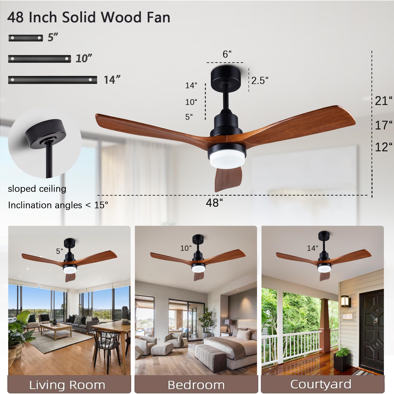 Dearnow 48'' Wooden Ceiling Fans With Lighted Remote Control, Indoor Outdoor Wooden Ceiling Fan, Outdoor Modern Ceiling Fan With