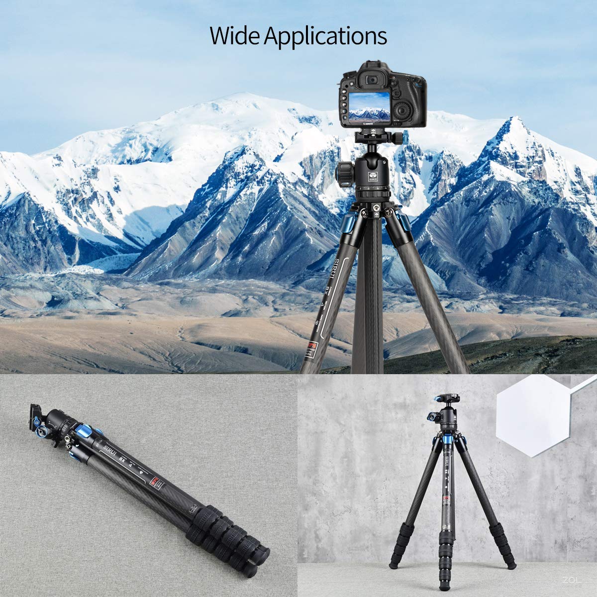 Sirui St 124 Carbon Fiber Tripod With Triangular Centre Column, Waterproof, Travel Tripod For Cameras, 4 Sections, 62.2Inch, Load 26Lbs
