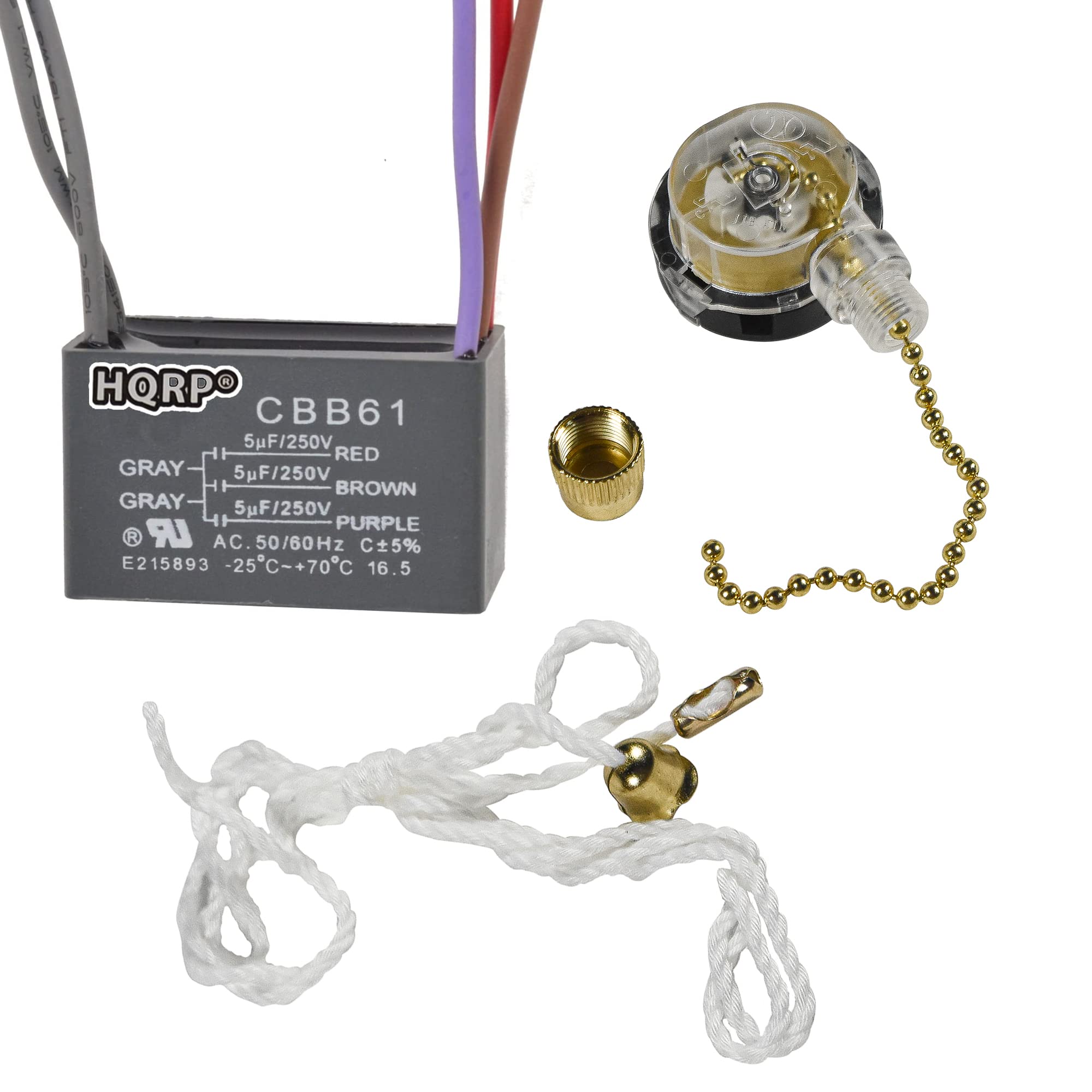Hqrp Kit Ceiling Fan Capacitor Cbb61 5Uf+5Uf+5Uf 5 Wire Ul Listed And 3 Speed Fan Switch