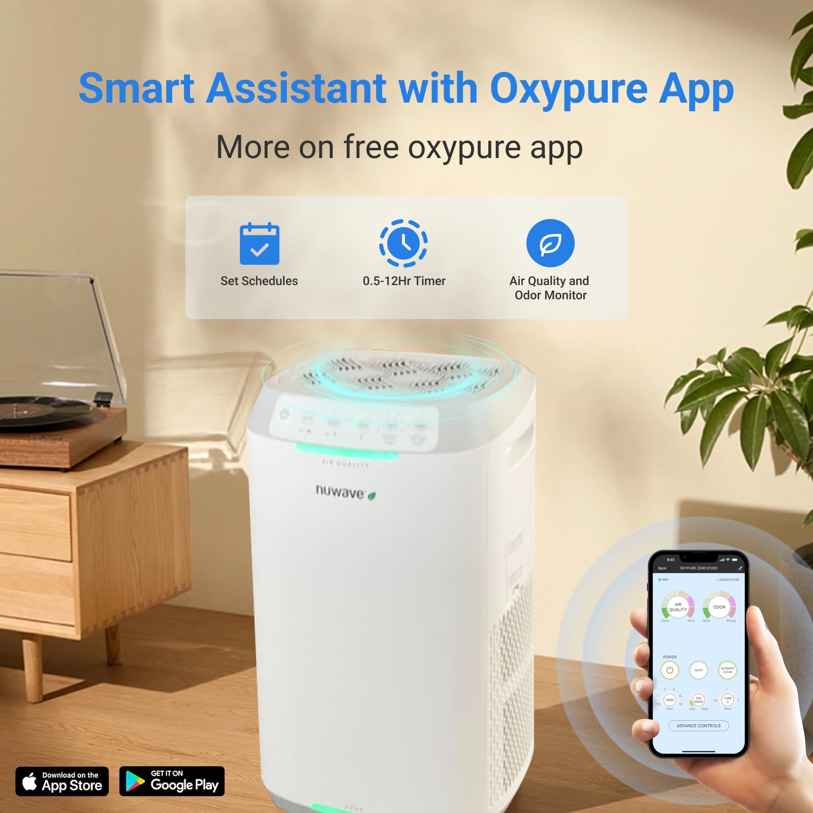 Nuwave Oxypure Zero E500 Air Purifier | Washable Filters | 99.9% Particle Removal | White | Large Room | Smart Control