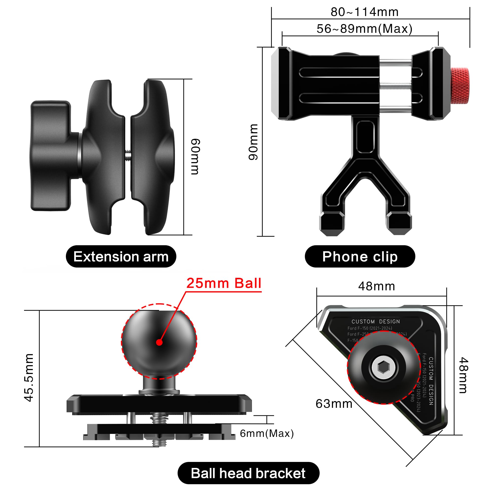Koqeiey Aluminum Phone Mount For Ford F-150 2021-2024, Ford F-250/F-350 2023-2024, F-150 Lightning Xl&Pro, Vent Cell Phone Holde