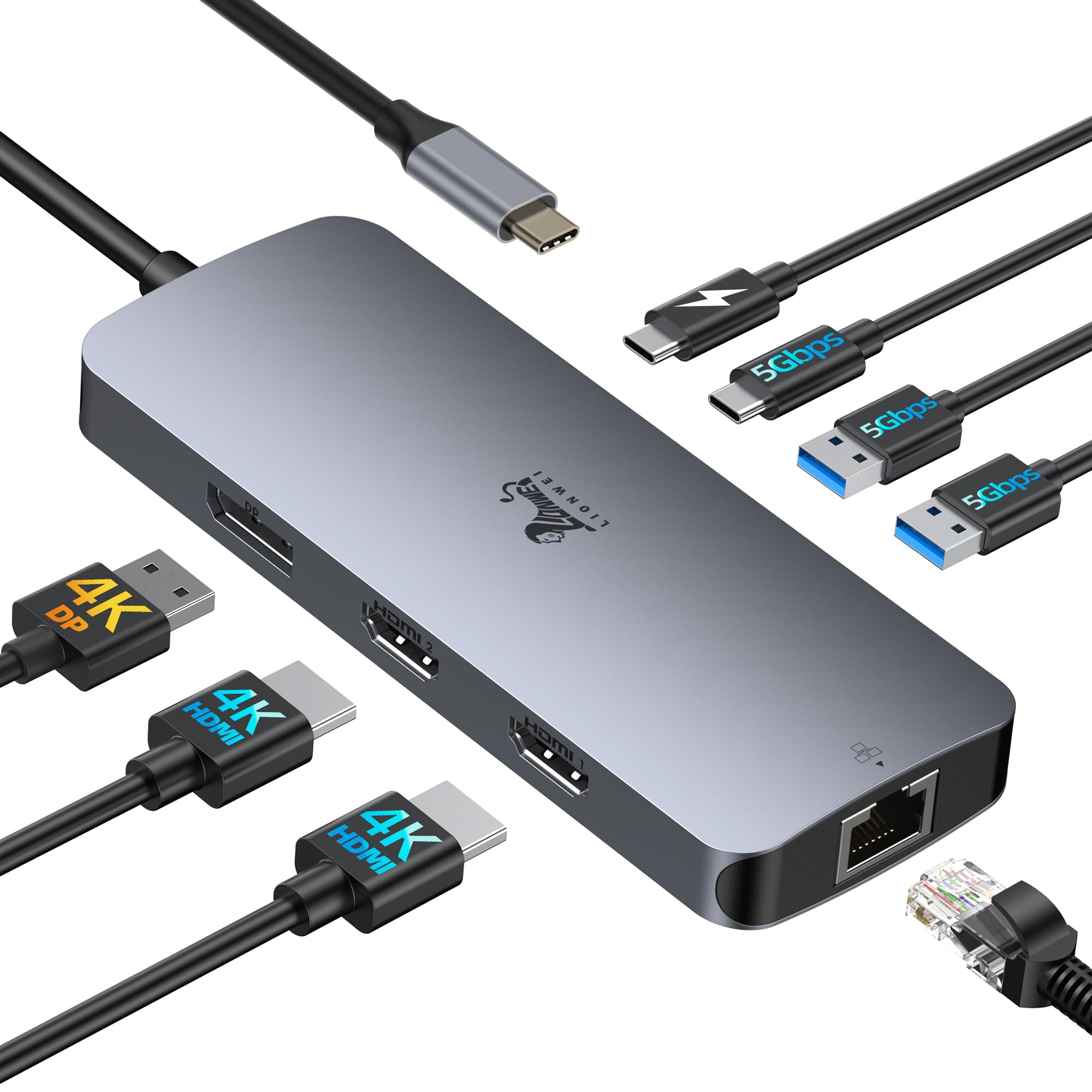 USB C Docking Station Dual Monitor, LIONWEI Laptop Docking Station 3 Monitors with 2 HDMI, 4K DisplayPort, 1Gbps Ethernet, 100W 