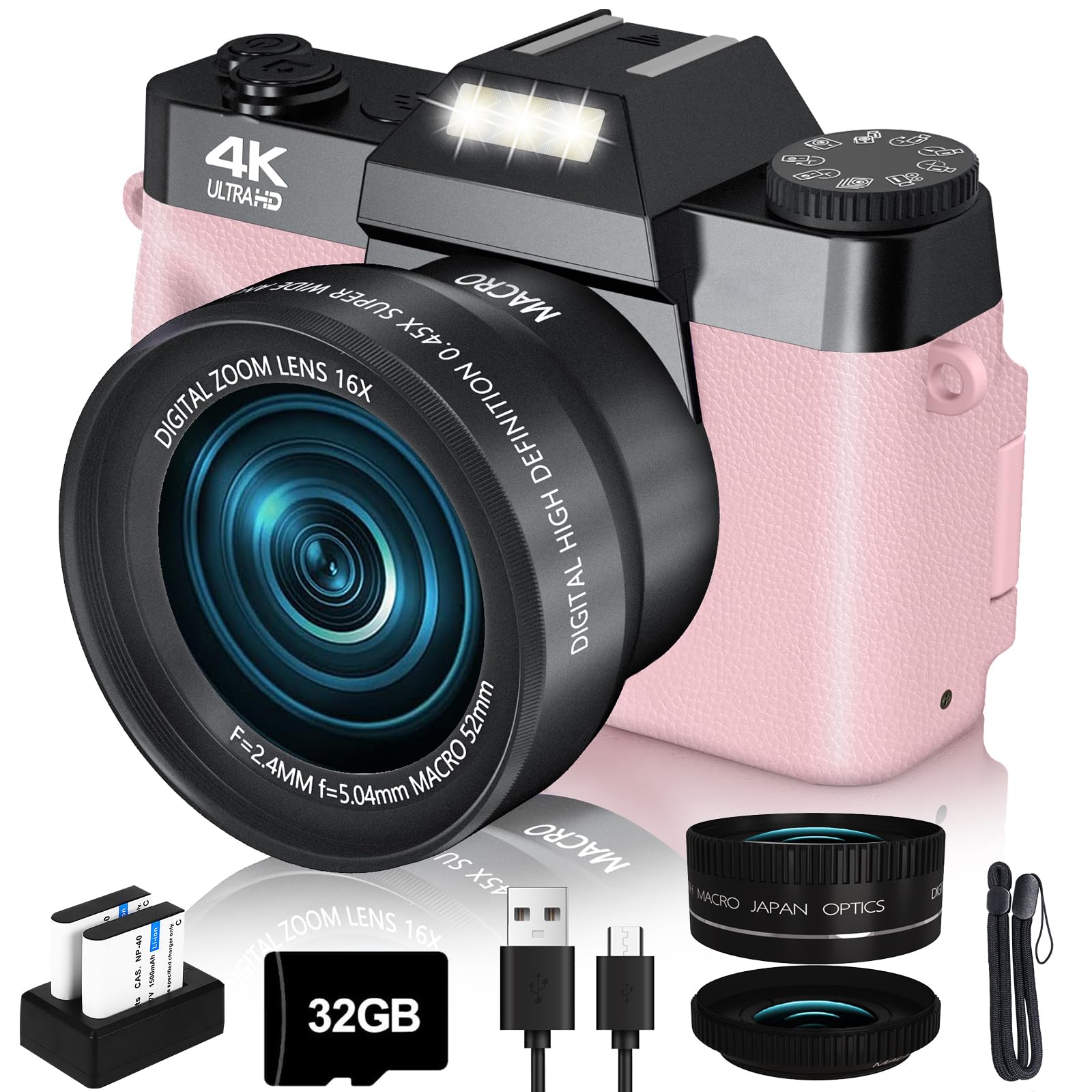 Vjianger 4K Vlogging Camera For Youtube 48Mp Digital Camera For Photography And Video With Flip Screen, Manualfocus, 16X Digital Zoom, 52Mm Wide Angle & Macrolens, 32Gb Tf Card, 2 Batteries(Pink)