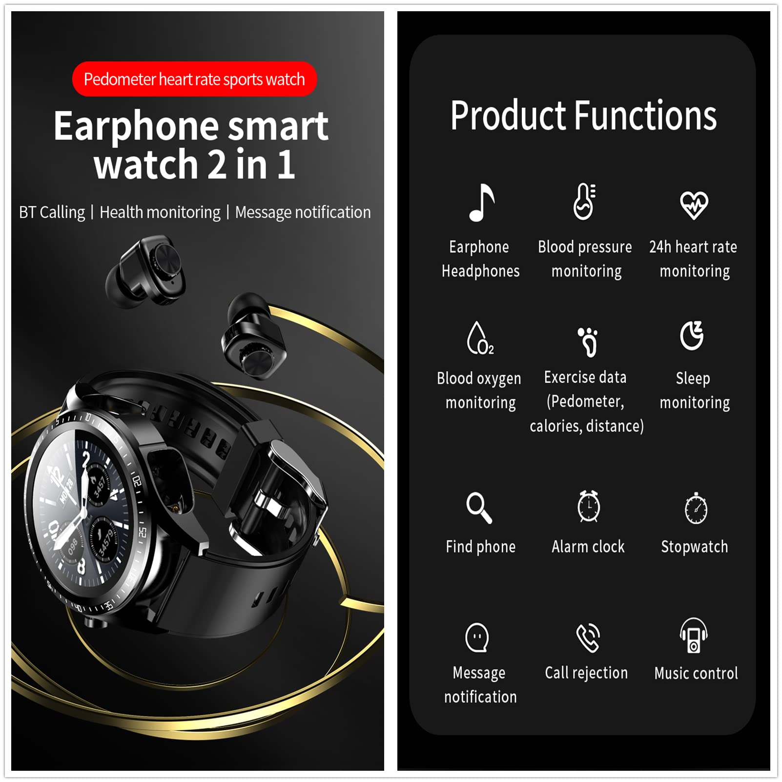 Tuanzi Jm03 2 In 1 Smart Watch With Earbuds 1.28'' Smartwatch Tws Hifi Stereo Wireless Headset Combo Bluetooth Phone Call For An