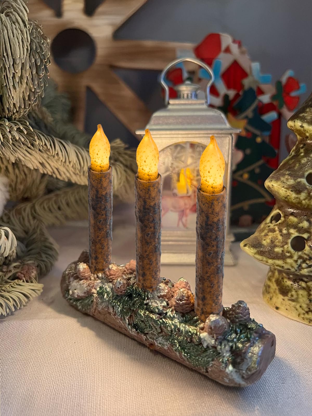 Oneihomm 12 Pcs Primitive Candles Timer, Amber Yellow Flickering Lights, Hand Dipped Real Wax Rustic Taper Candle Battery Operat