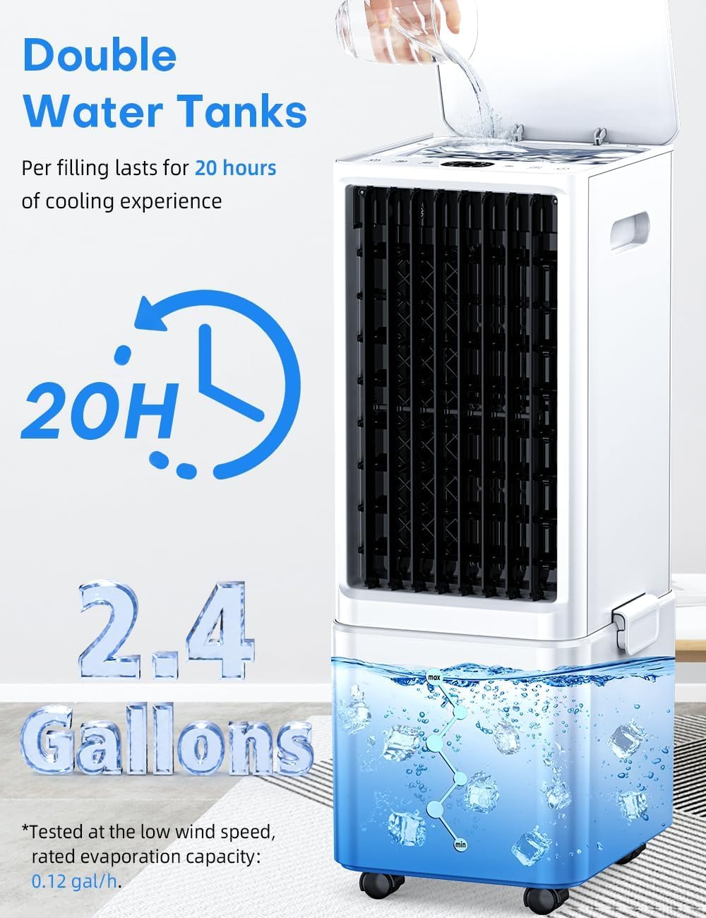 Coolech Windowless Air Conditioner W/ 4 Modes & 3 Speeds, Waterless Alert, 2.4-Gal Tank For 20H Cooling, 12H Timer, 20Ft Remote,