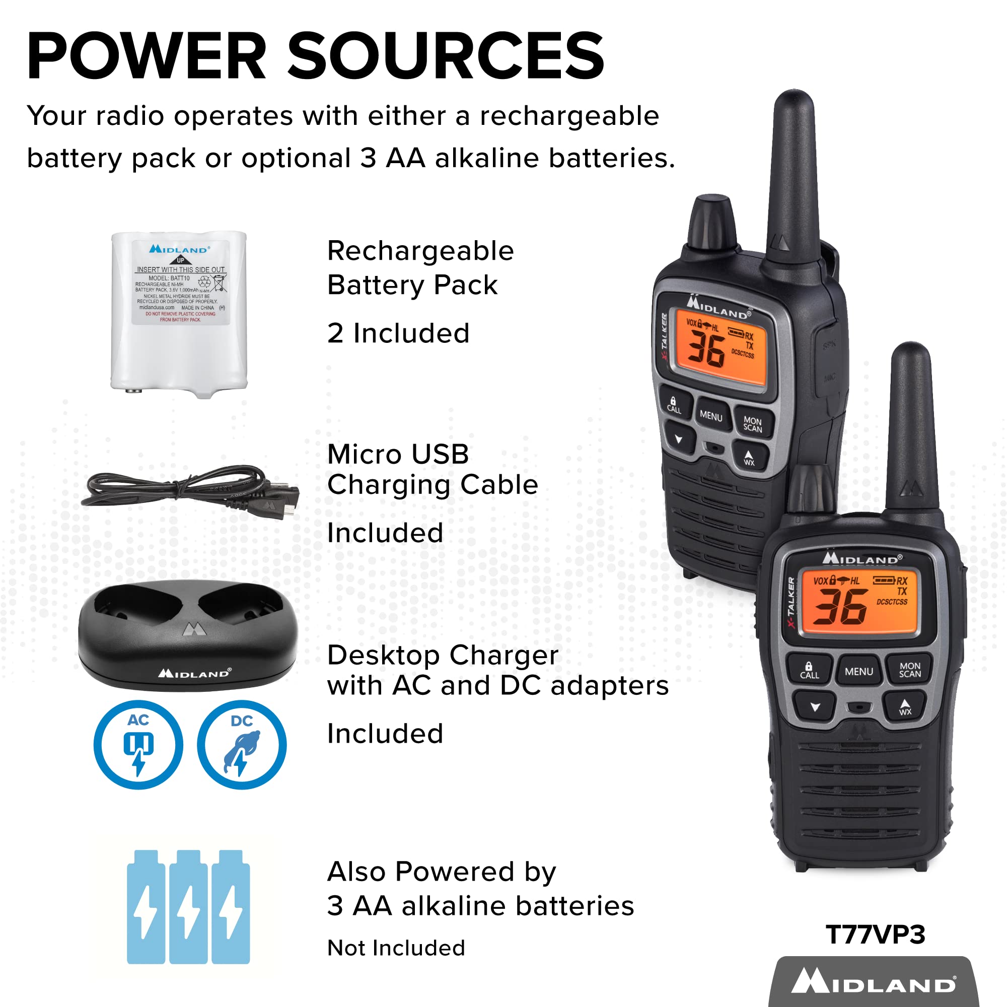 Midland T77Vp5 X Talker Long Range Walkie Talkie Frs Two Way Radio For Camping Overlanding Noaa Weather Scan + Alert, 121 Privacy Codes   Includes Carrying Case & Headset Black/Silver, 2 Radio Bundle