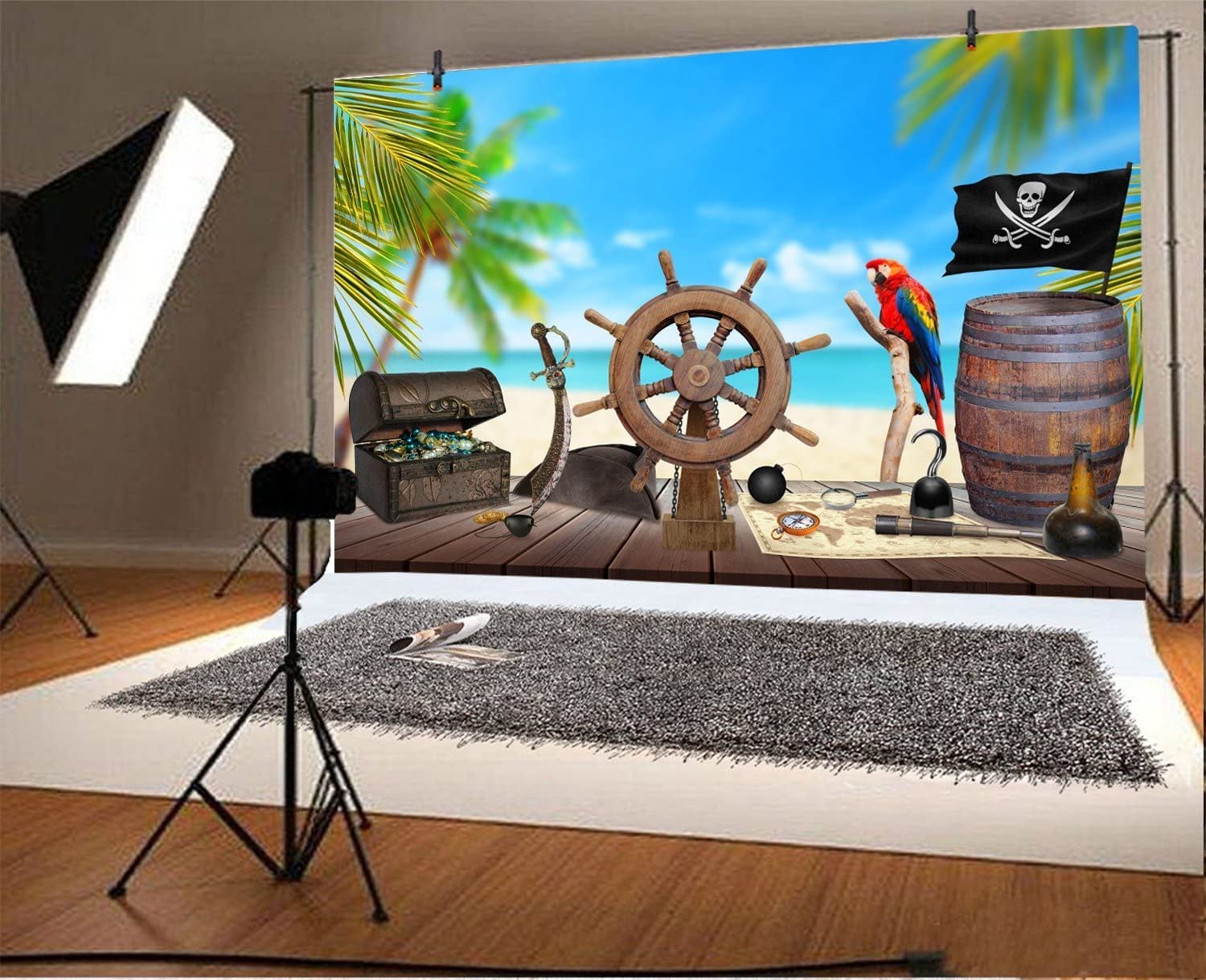 Lfeey 7X5Ft Pirate Themed Backdrop For Photography Old Wooden Rudder Wood Floor Pirate Ship Jewelry Box Barrel Seascape Photogra