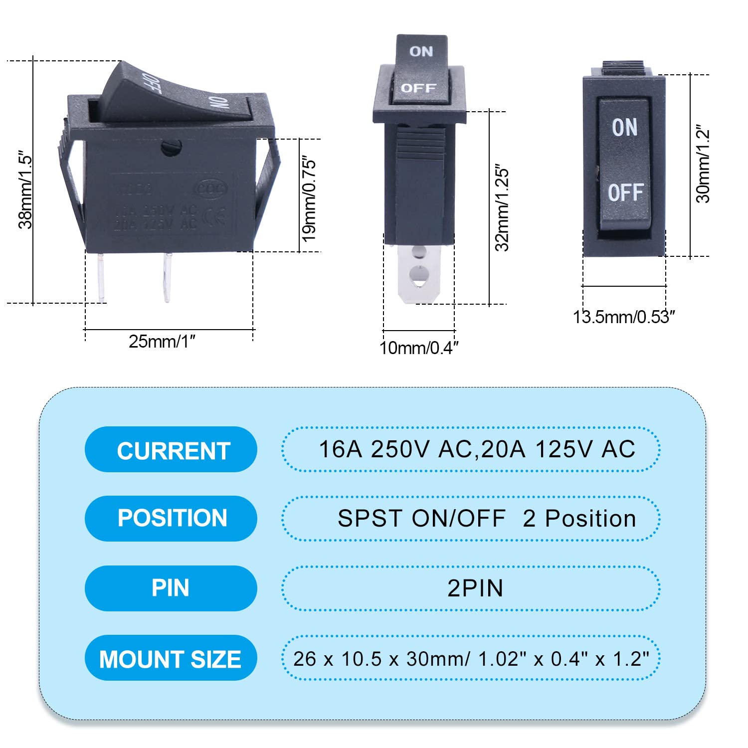 Twidec/5Pcs Rocker Switch 2 Pins 2 Position On/Off Ac 15A/125V 20A/250V Spst Car Boat Black Rocker Switch Toggle Kcd3 101 On Off