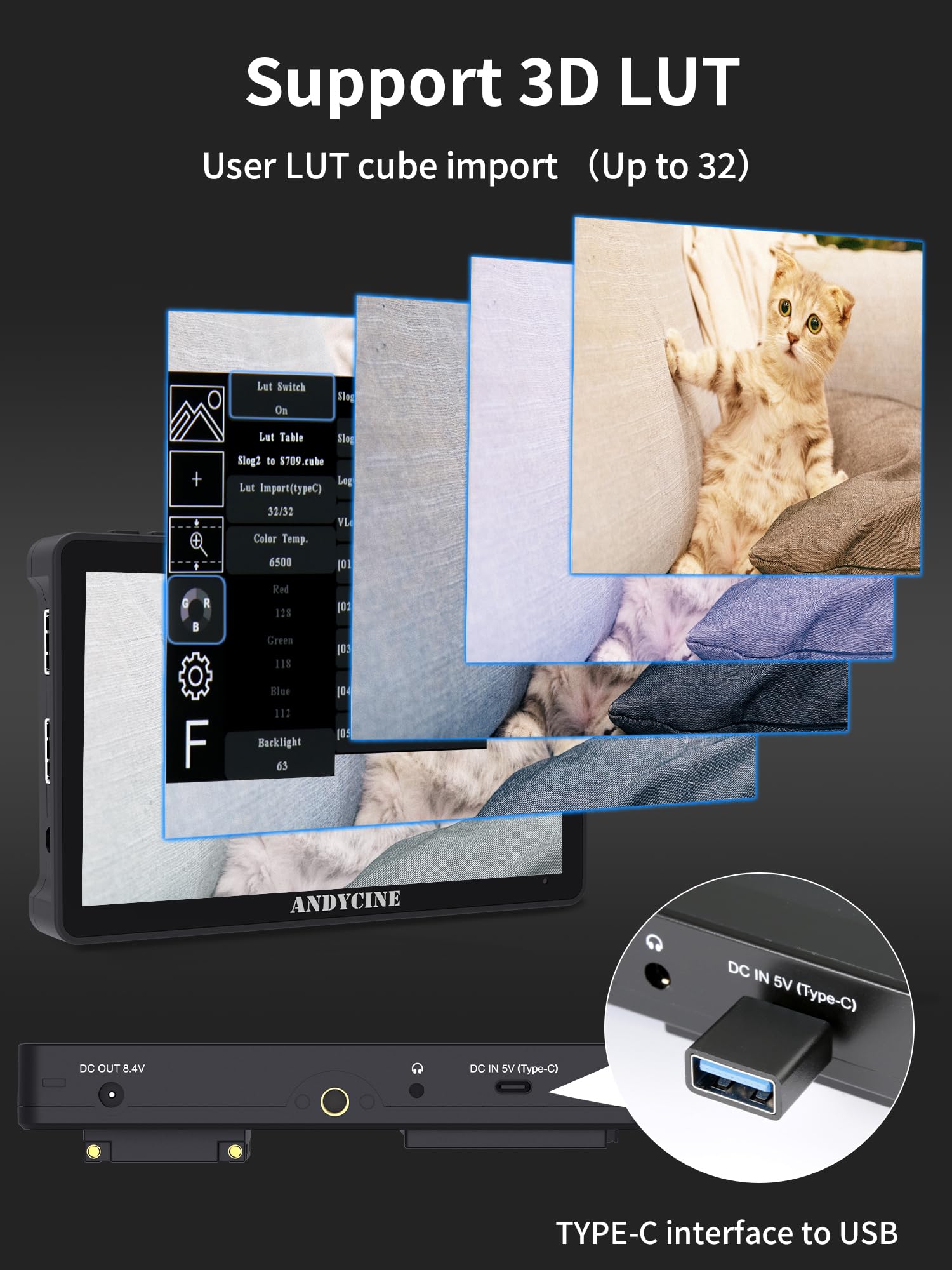 Andycine A6 Max 6 Inch Touch Screen Camera Hdmi Monitor Bundle + Battery+Carry Case+ Micro Cords With 3D Lut 1080P 4K Hdmi With