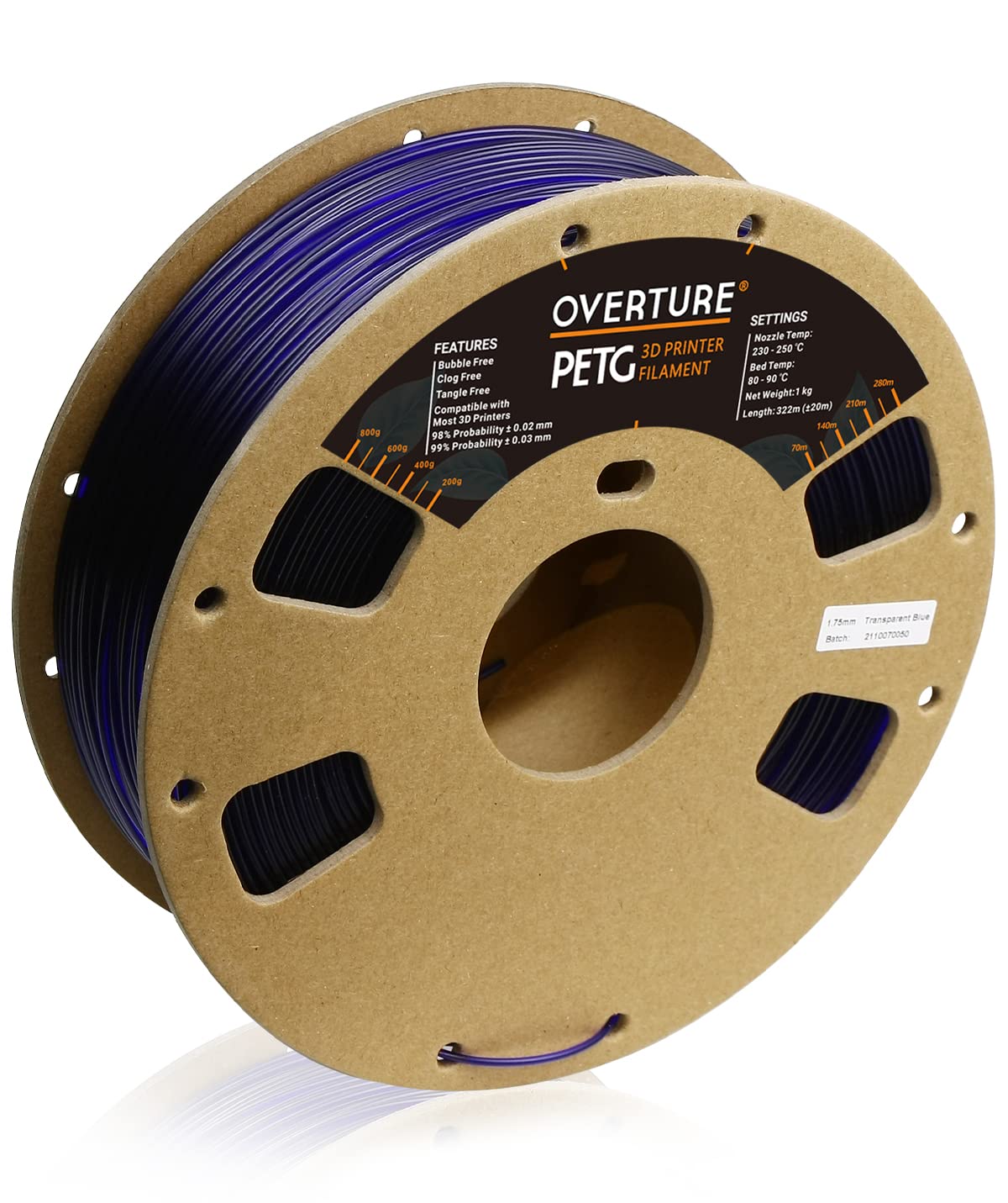 Overture 3D Filament Clear Petg Filament 1.75Mm, Petg 3D Printer Filament, 1Kg Filament (2.2Lbs), Dimensional Accuracy 99% Proba