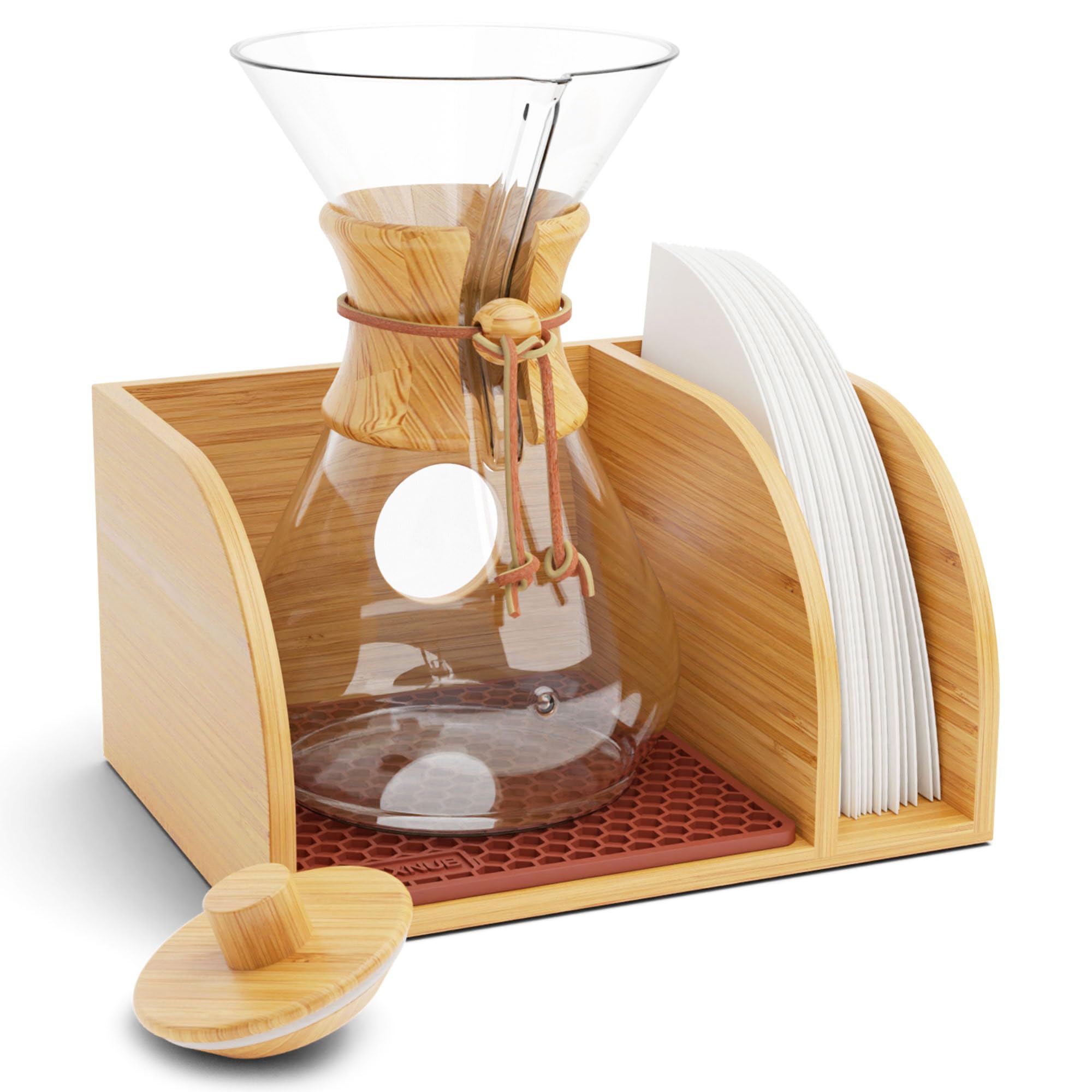 Hexnub   Caddy And Lid For Pour Over Coffee Maker, Bamboo Stand Fits Chemex, Bodum, Cosori Coffee Carafes, Heatproof Mat, Filter