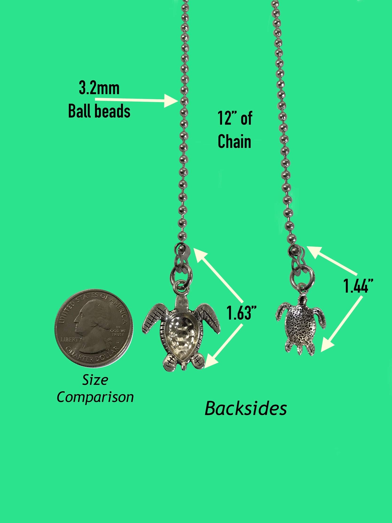 Small & Bit Larger Sea Turtle Fan Light Pull Chain Replacement Set Silver Tone