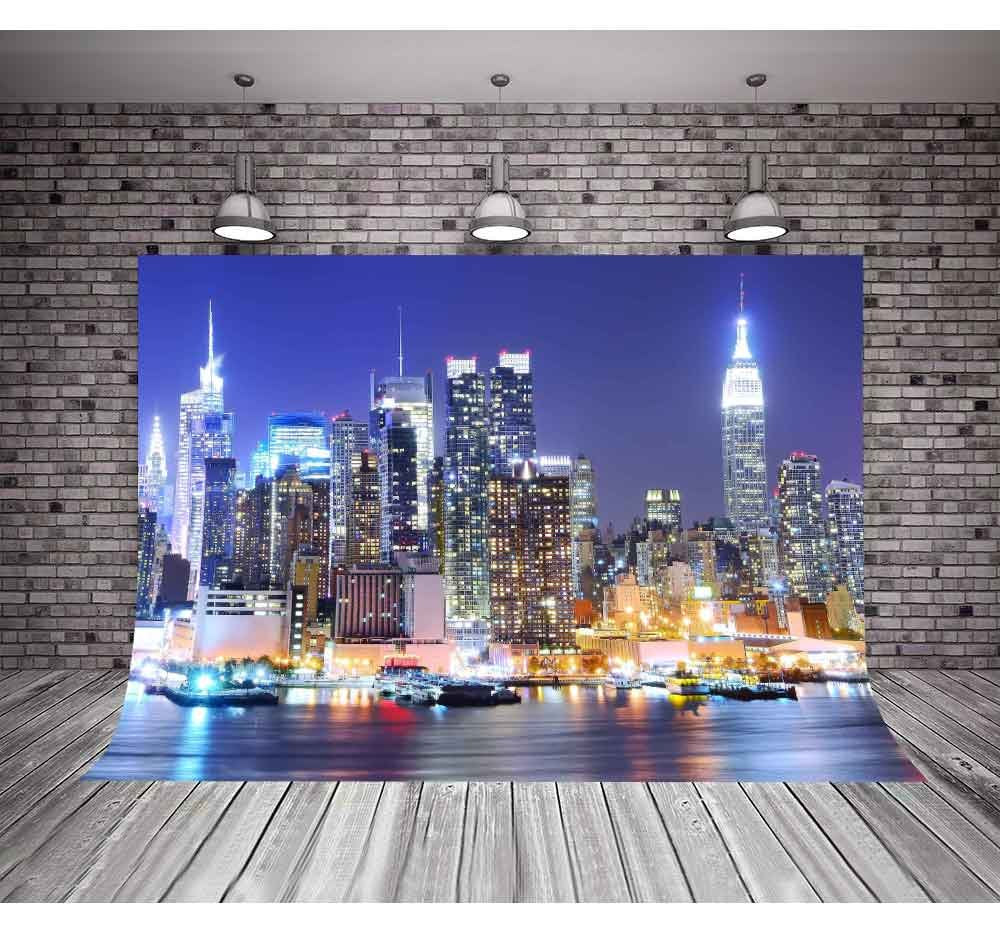 Mtmety New York City Backdrop Manhattan Night Scene Skyscraper Urban Light Background Video Studio Photo (Vinyl 10X7Ft)