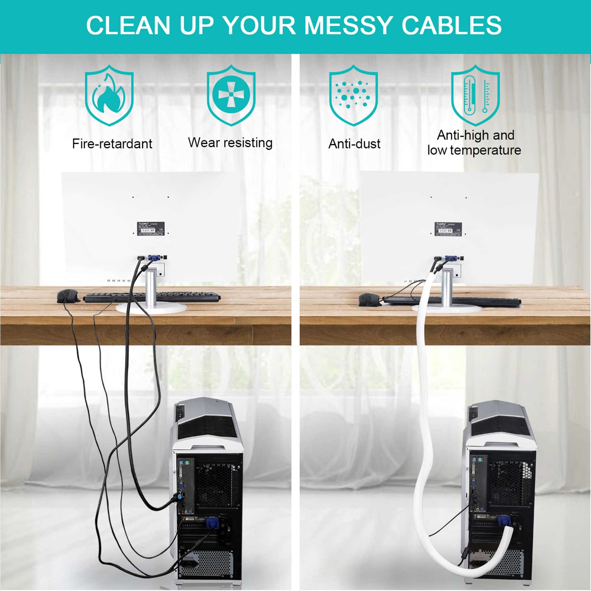 20Ft   4/5 Inch White Cable Sleeve, Cable Organizer For Desk Pc Tv Computer, Wire Protector Cable Wrap Cover, Cord Management Fo