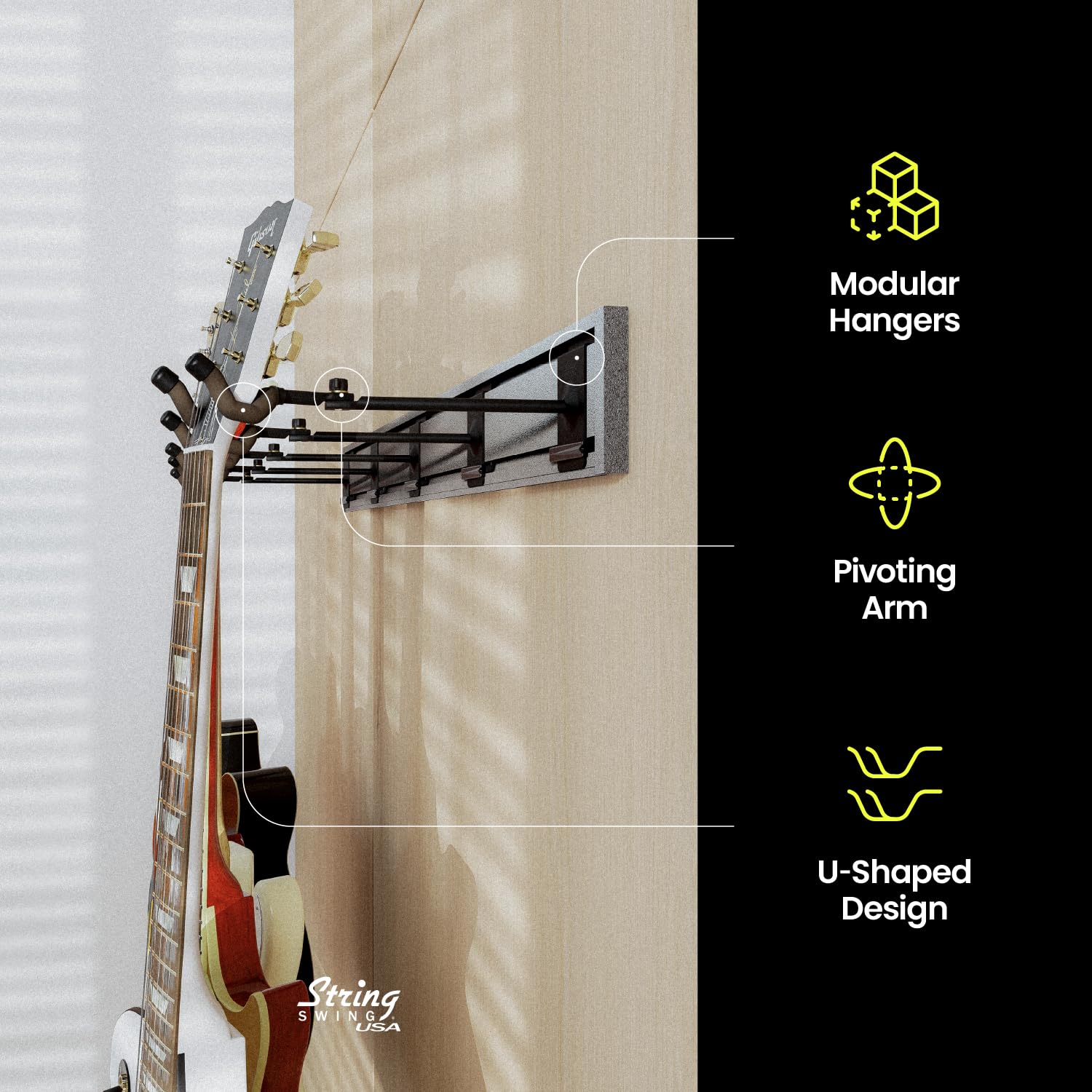 String Swing Guitar Wall Rack, Multiple Guitar Wall Mount, Guitar Organizer For Acoustic & Electric Guitars, 5 Padded Arm Hanger