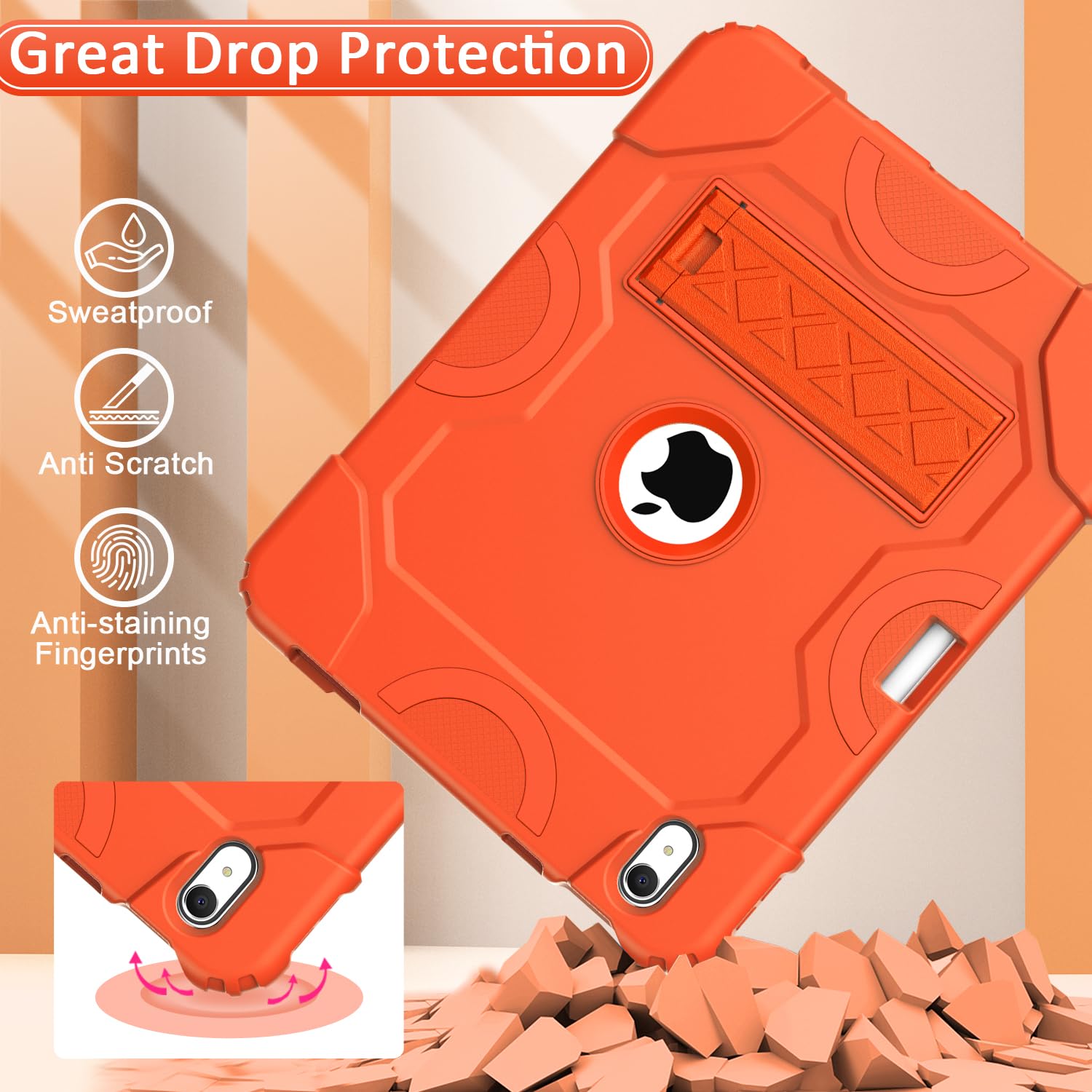 Cantis Heavy Duty Shockproof Rugged Case For Ipad 10Th Gen 10.9 Inch 2022, Orange With Kickstand & Pencil Holder