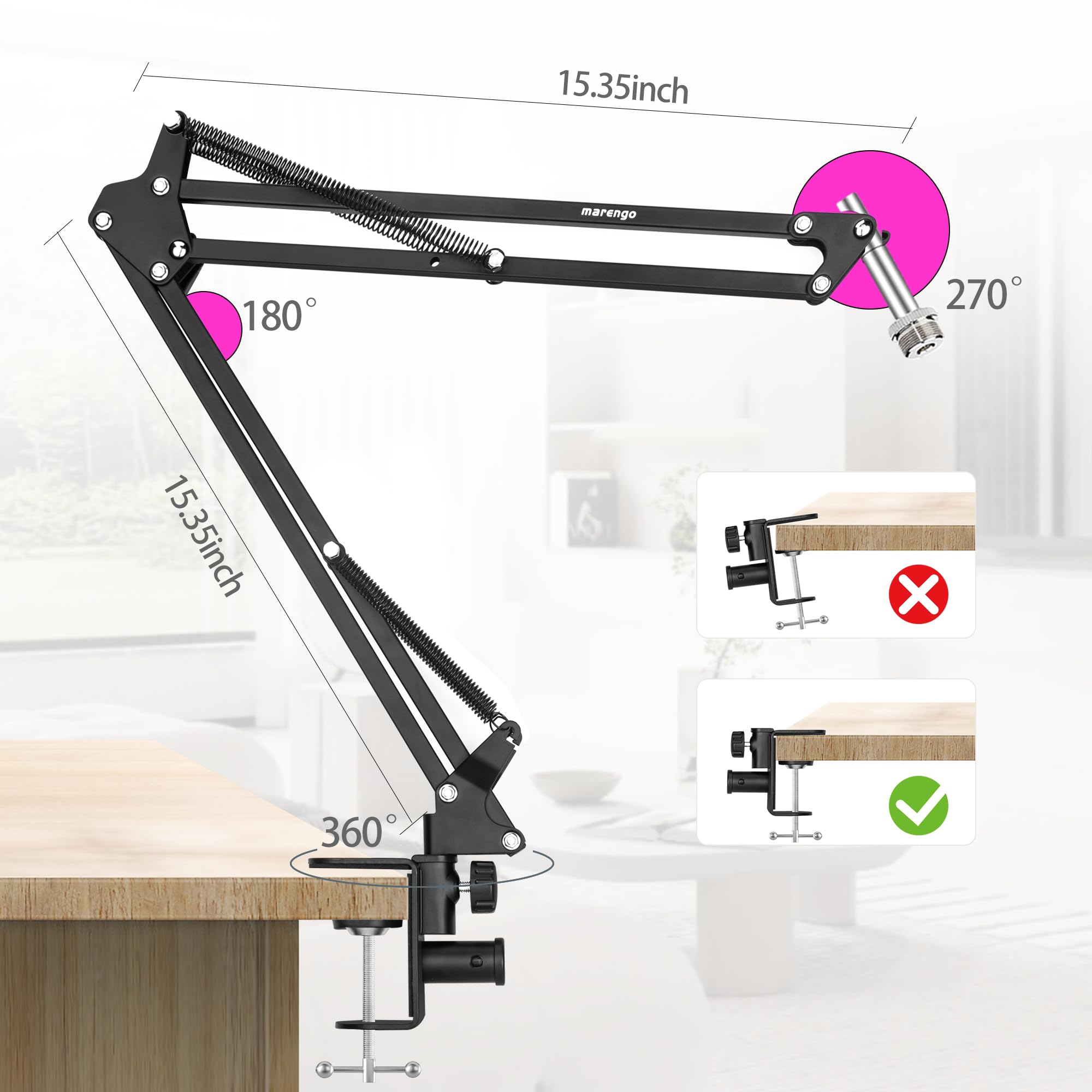 Marengo Mic Boom Arm Desk Microphone Stand Adapter Mic Holder Adjustable With 3/8  To 5/8  Screw For Blue Yeti Snowball, Hyperx