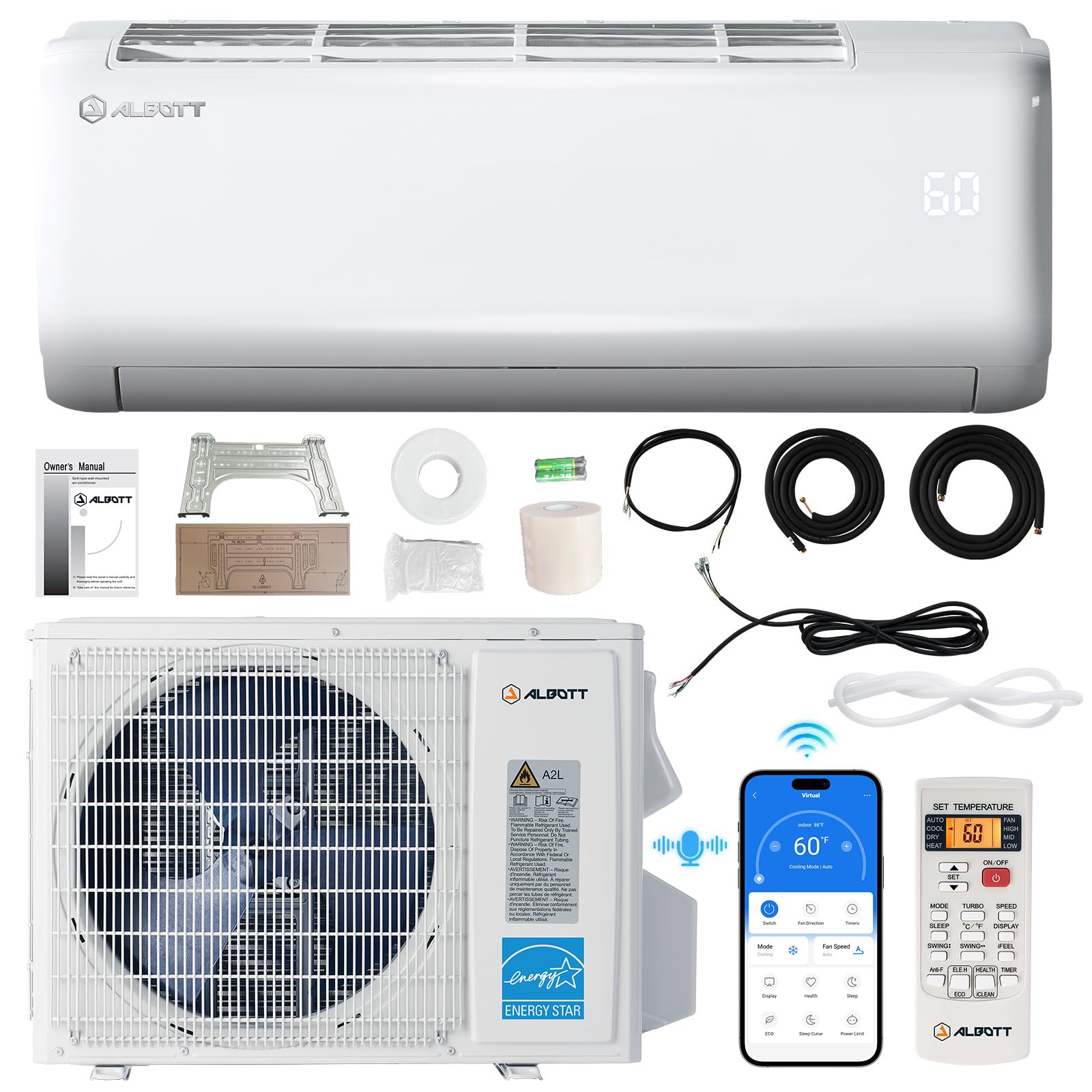 Albott 24000 BTU Mini Split Air Conditioner Heat Pump, SEER2 21, 220V, Energy Star Inverter AC with Wi-Fi Smart Control, Voice A