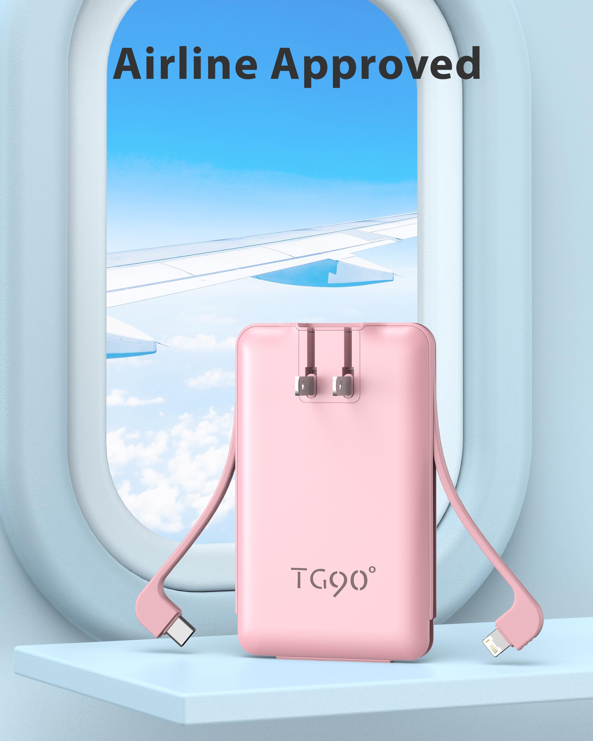 Tg90 Portable Charger Power Bank, Ultra Small 5000Mah Battery Pack With Built In Foldable Ac Wall Plug And Cables, Usb C Cell Ph