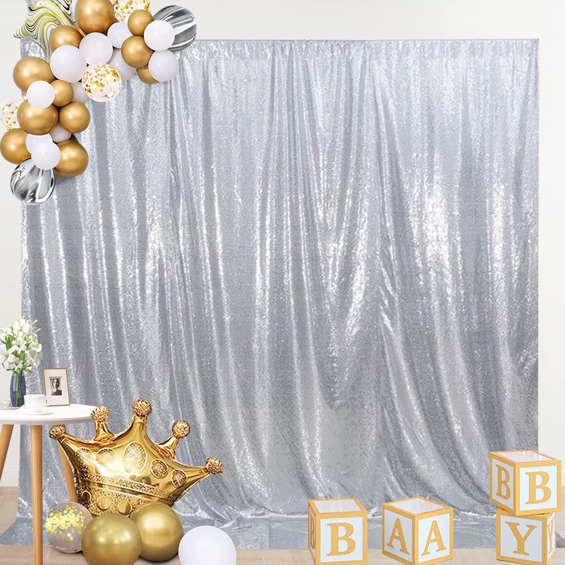 Squarepie Sequin Backdrop Not See Through Thick Stain Background For Photography Glitter Curtain Party 8Ft X 8Ft Silver