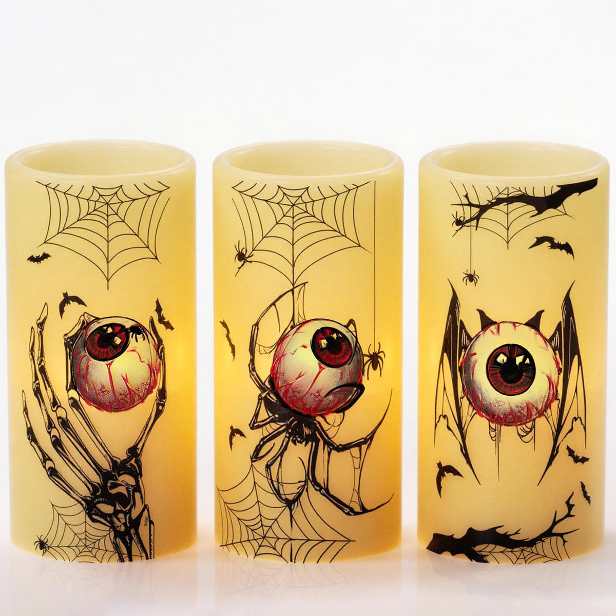 Eldnacele Halloween Flameless Flickering Candles With Timer, Battery Operated Spider Eyeballs, Bat Eyeballs, Skeleton Hand Eyeba