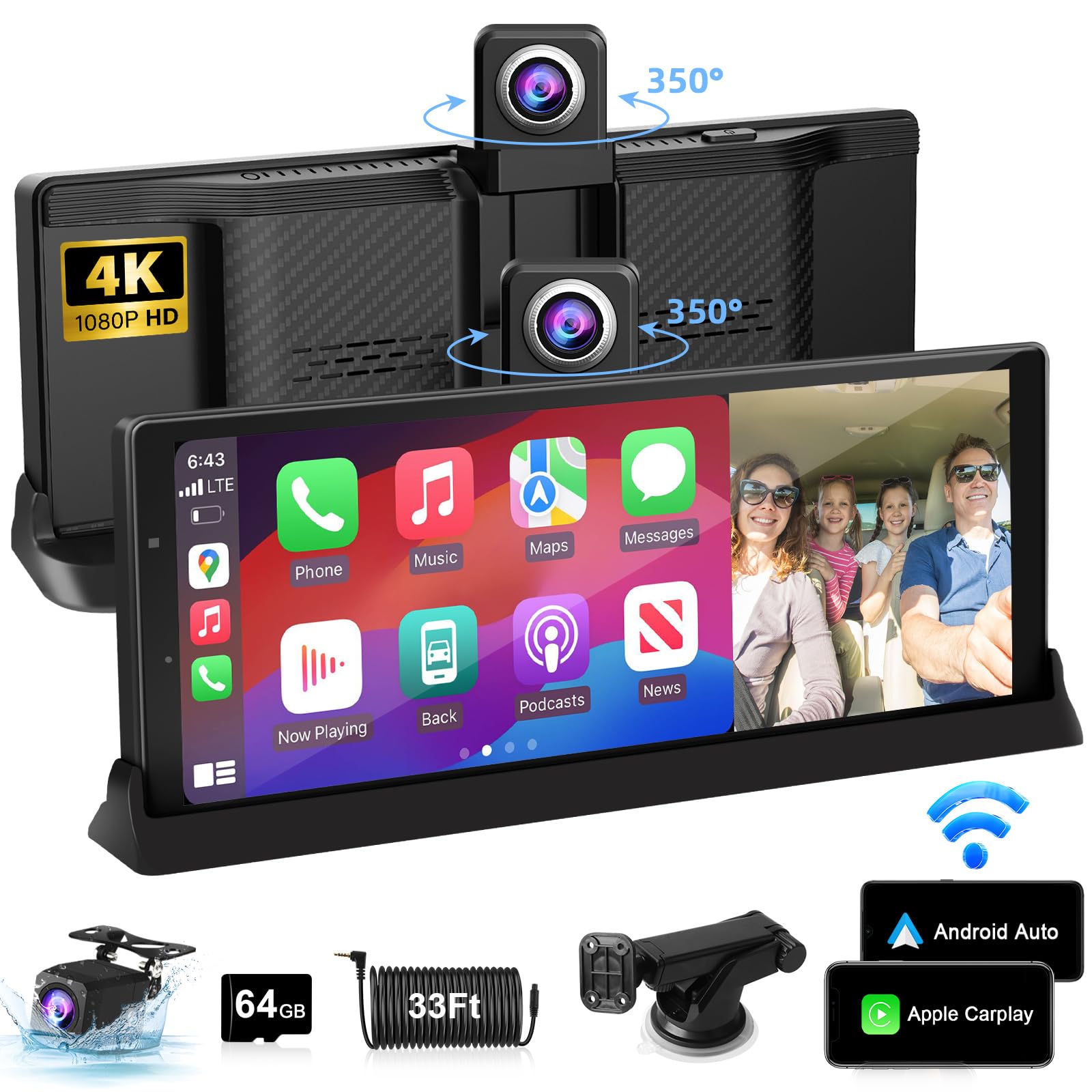 ?350 Rotatable Lens?10.26''Wireless Apple Carplay Screen For Car & 4K Dash Cam Portable Android Auto Car Stereo, Car Audio Recei