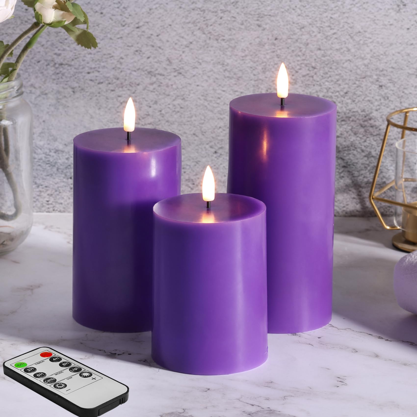 Girimax Purple Flameless Pillar Candles With Remote, Real Wax Flickering Battery Operated Led Candles F 3'' H 4'' 5'' 6''