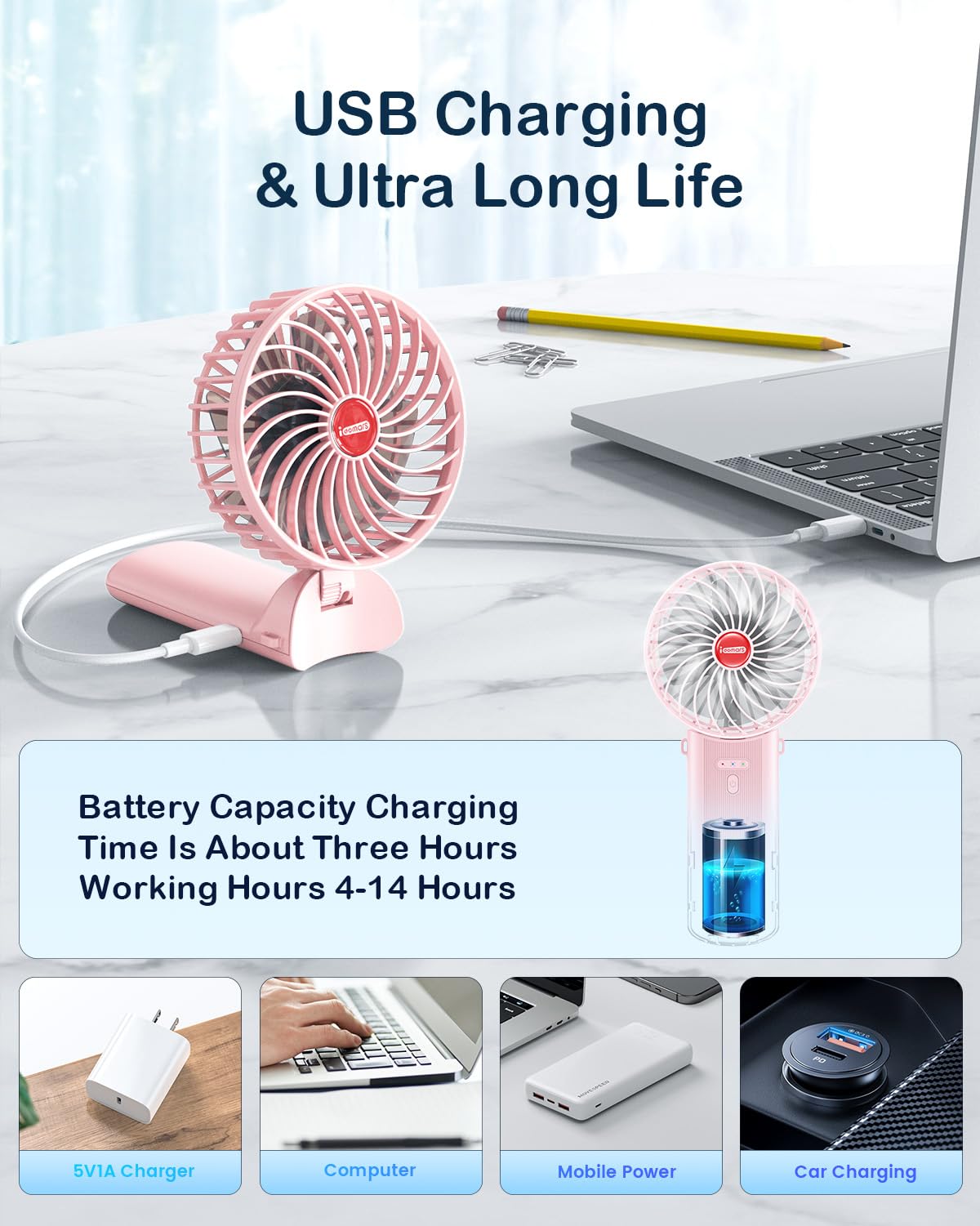 Small Portable Fan Handheld And Rechargeable: Pink Mini Hand Fans 4 Speeds Adjustable Cool Air Wind Multi Angle Folding Battery