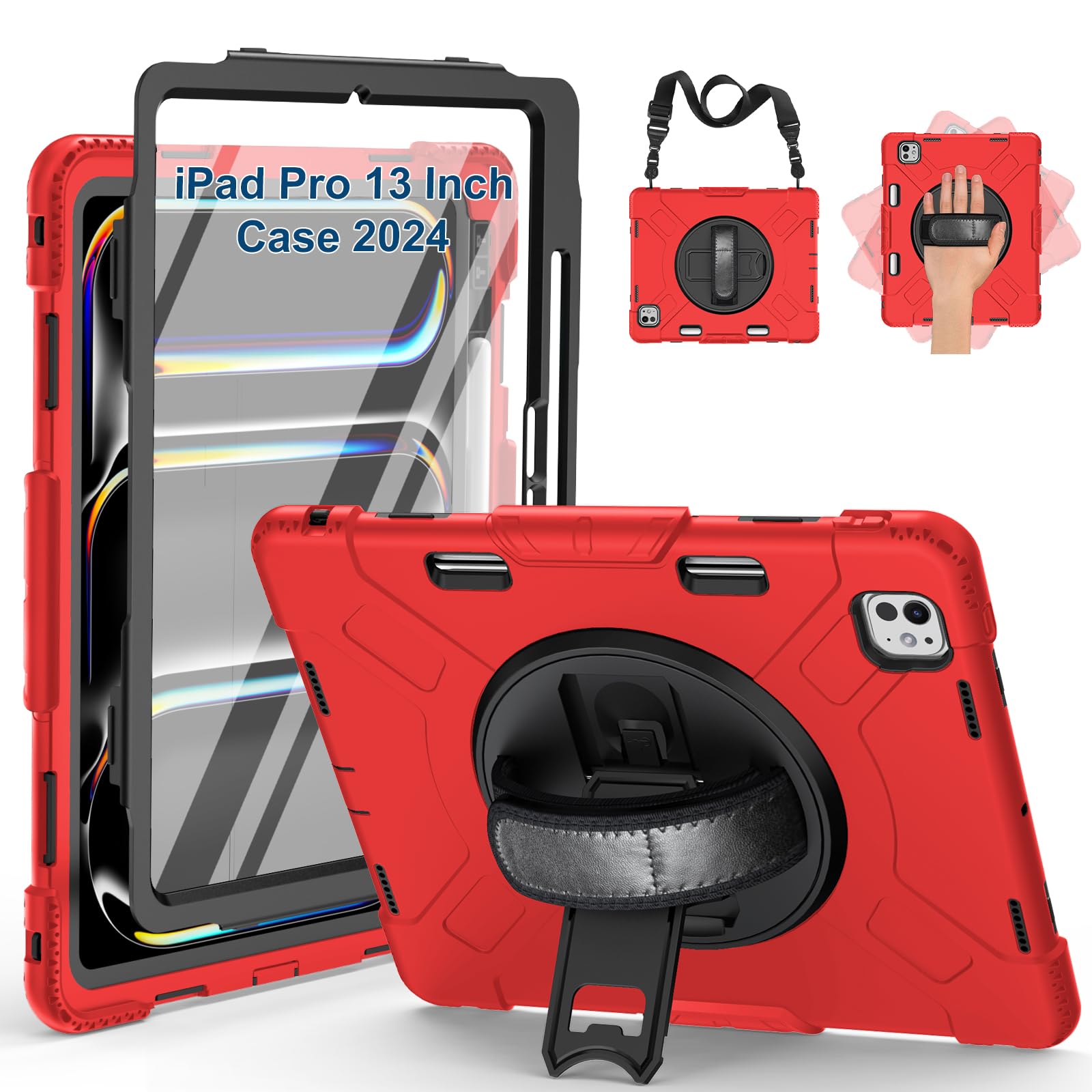 Supfives Case For Ipad Pro 13 Inch 2024 (7Th Gen), With Screen Protector/Shoulder Strap/Pencil Holder/Handle/Rotating Stand, Red