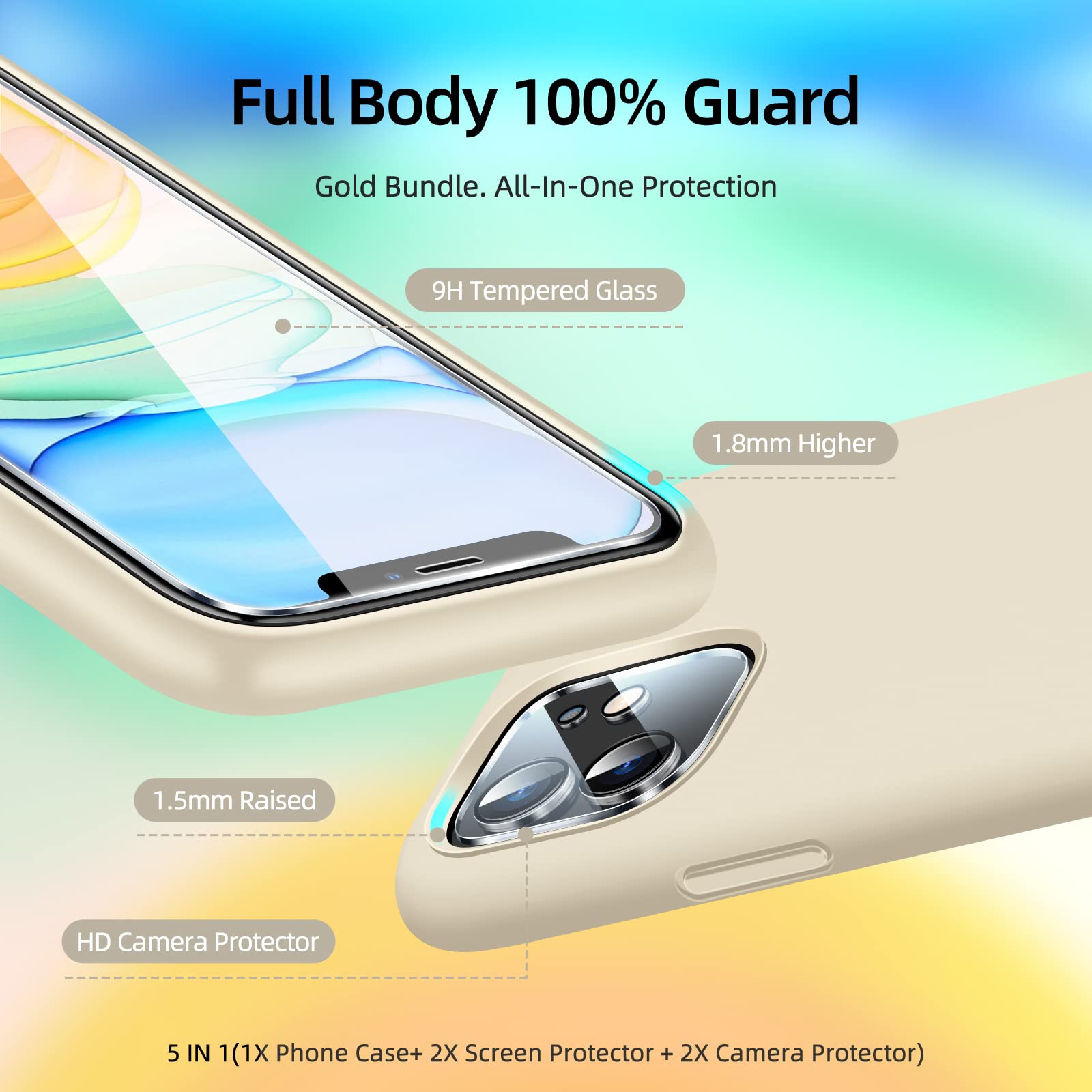 Jtwie [5 In 1 For Iphone 11 Case 6.1 Inch, With 2 Pack Screen Protector + 2 Pack Camera Lens Protector, Liquid Silicone Slim Sho