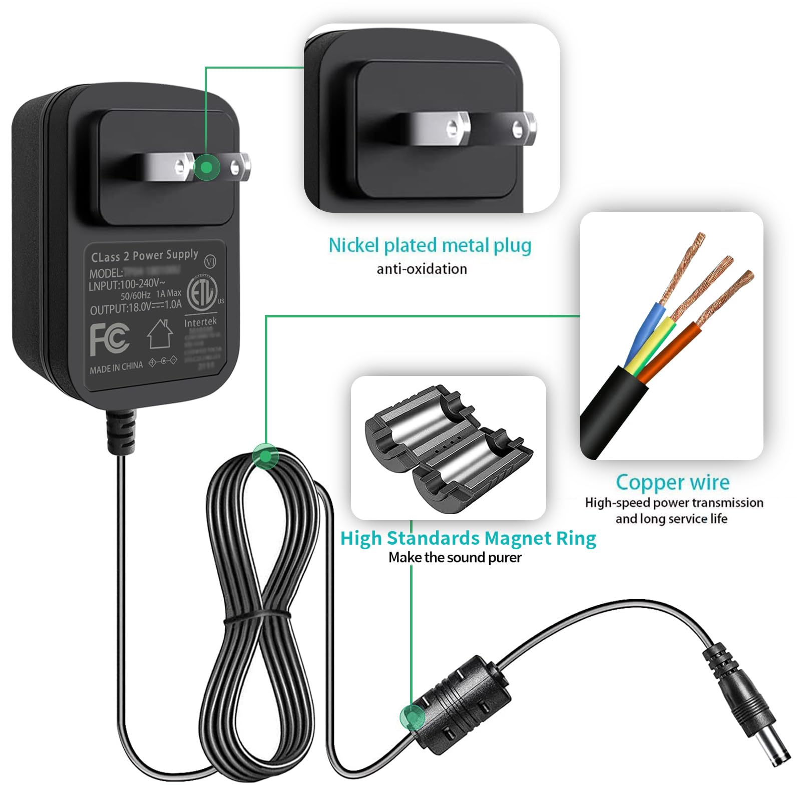 Gonine 18V Guitar Pedal Cable, 18Volt 1A Power Supply Ac Adapter 110 240V Ac To Dc Center Negative Dc Plug For Joyo Jp 01 Jp 02 Effect Pedal Charger.