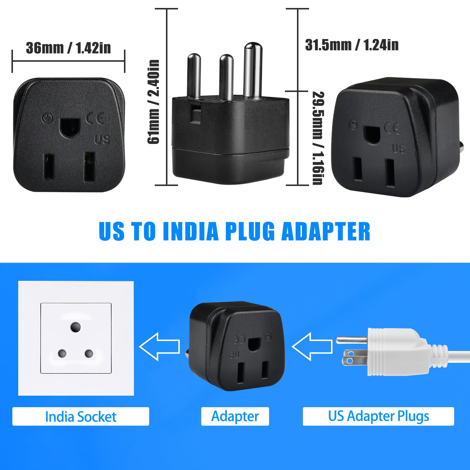 Us To India Plug Adapter, 2 Pack Type D Plug Adapter, India Power Adapte Us To India, Bangladesh, Maldives, Pakistan Travel Adap