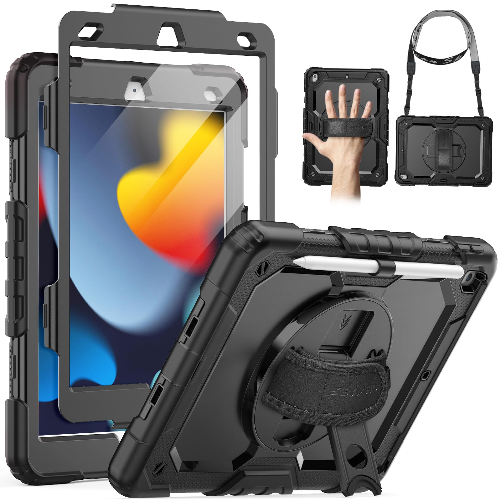 Seymac For Ipad 9Th/8Th/7Th Generation Case 10.2' 2021 2019, Full Body Shockproof Heavy Duty Protective Case With Screen Protector, 360� Rotating Stand/Handle/Shoulder Strap For Ipad 10.2, Black