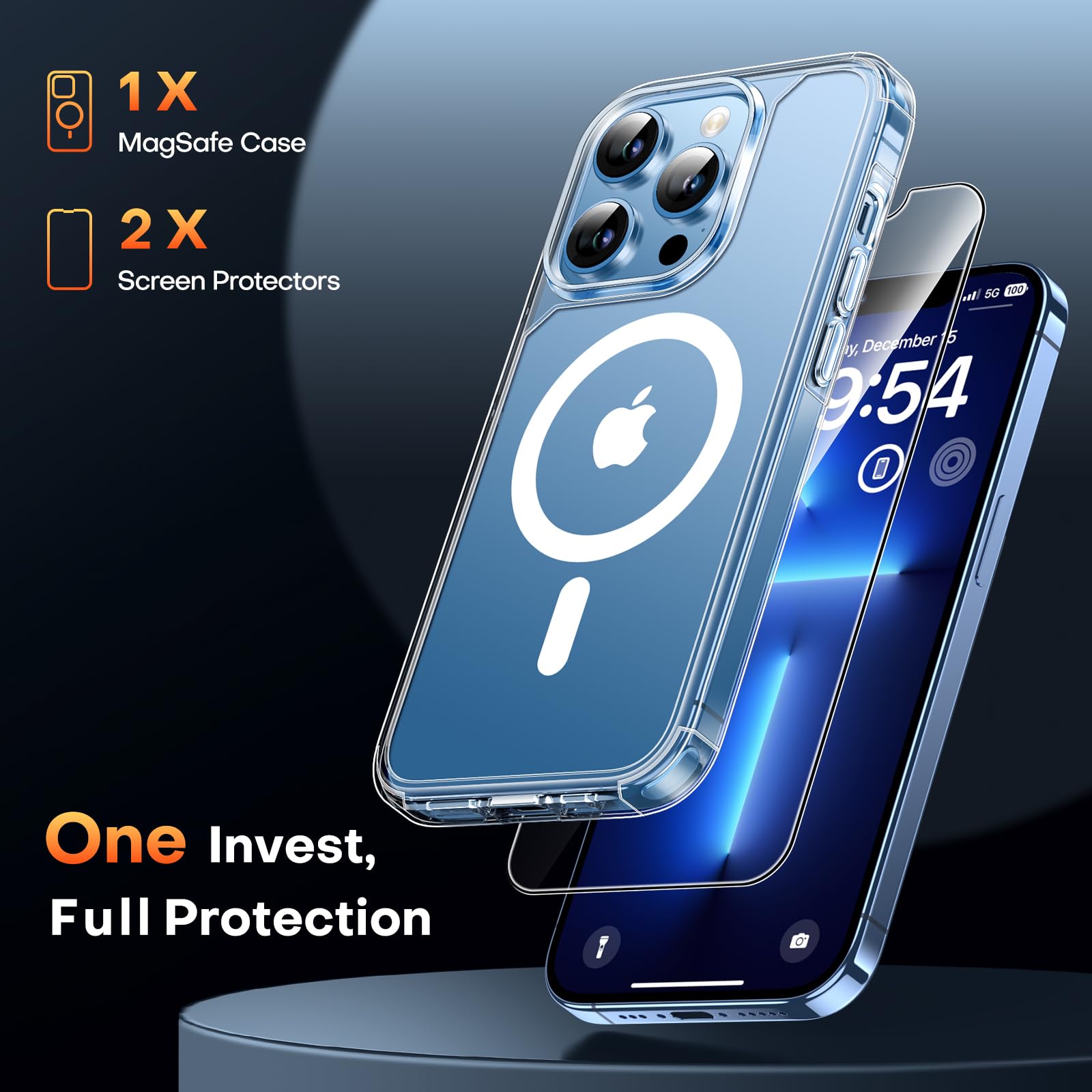 Tauri 3 In 1 Magnetic For Iphone 13 Pro Case Clear, With 2X Hd Screen Protector, 12 Ft Drop Protection, Compatible With Magsafe