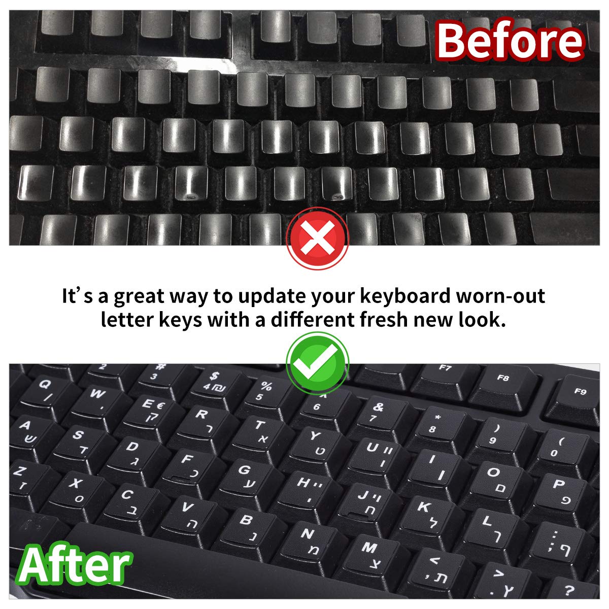 2Pcs Hebrew Keyboard Stickers, Hebrew English Keyboard Letters Replacement Sticker White Font On Black Background For Computer L