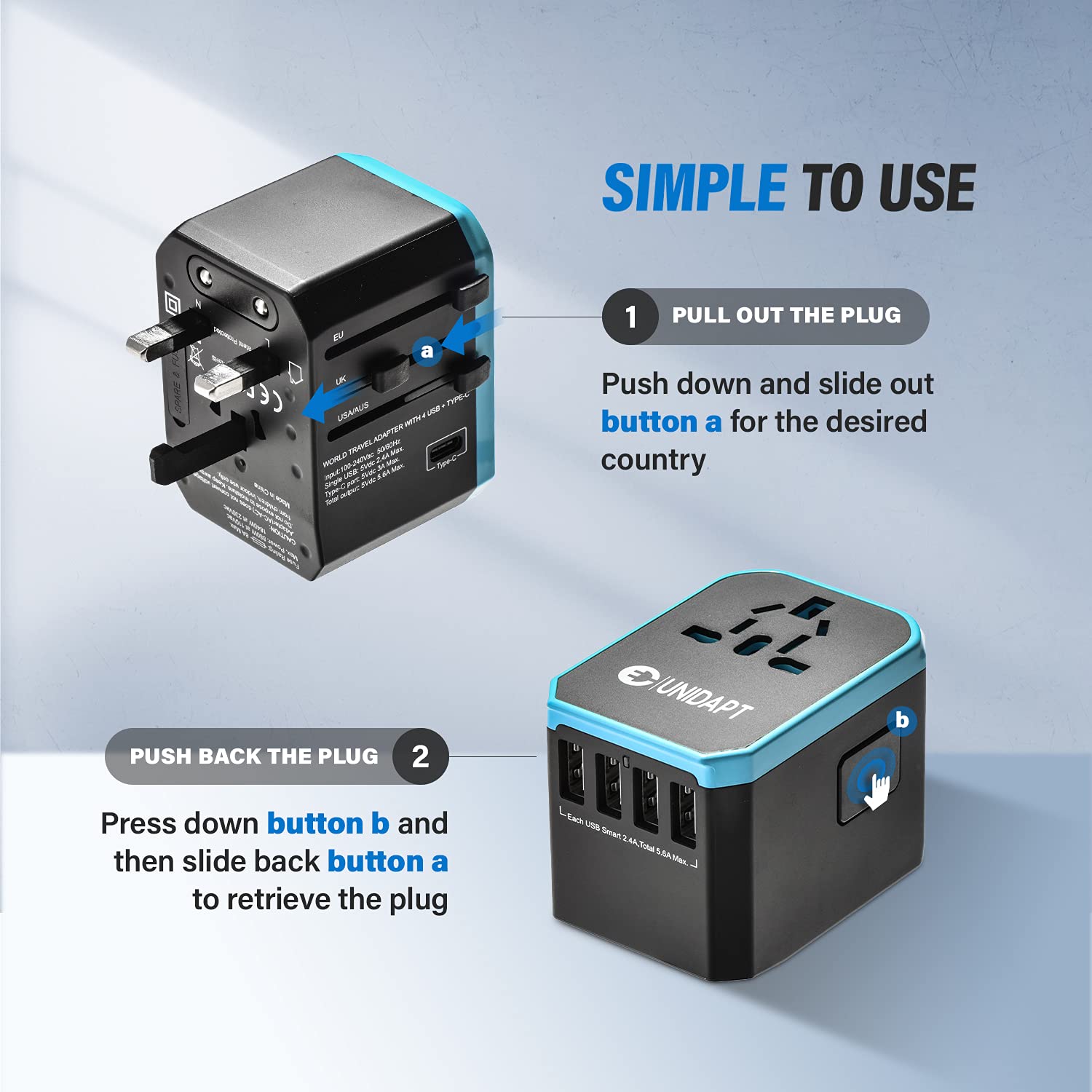 Unidapt Universal Travel Adapter - 5.6A Smart Power, 3.0A USB Type-C, Model Jy-305 Plus, Blue, Compatible with USA, EU, UK, AUS