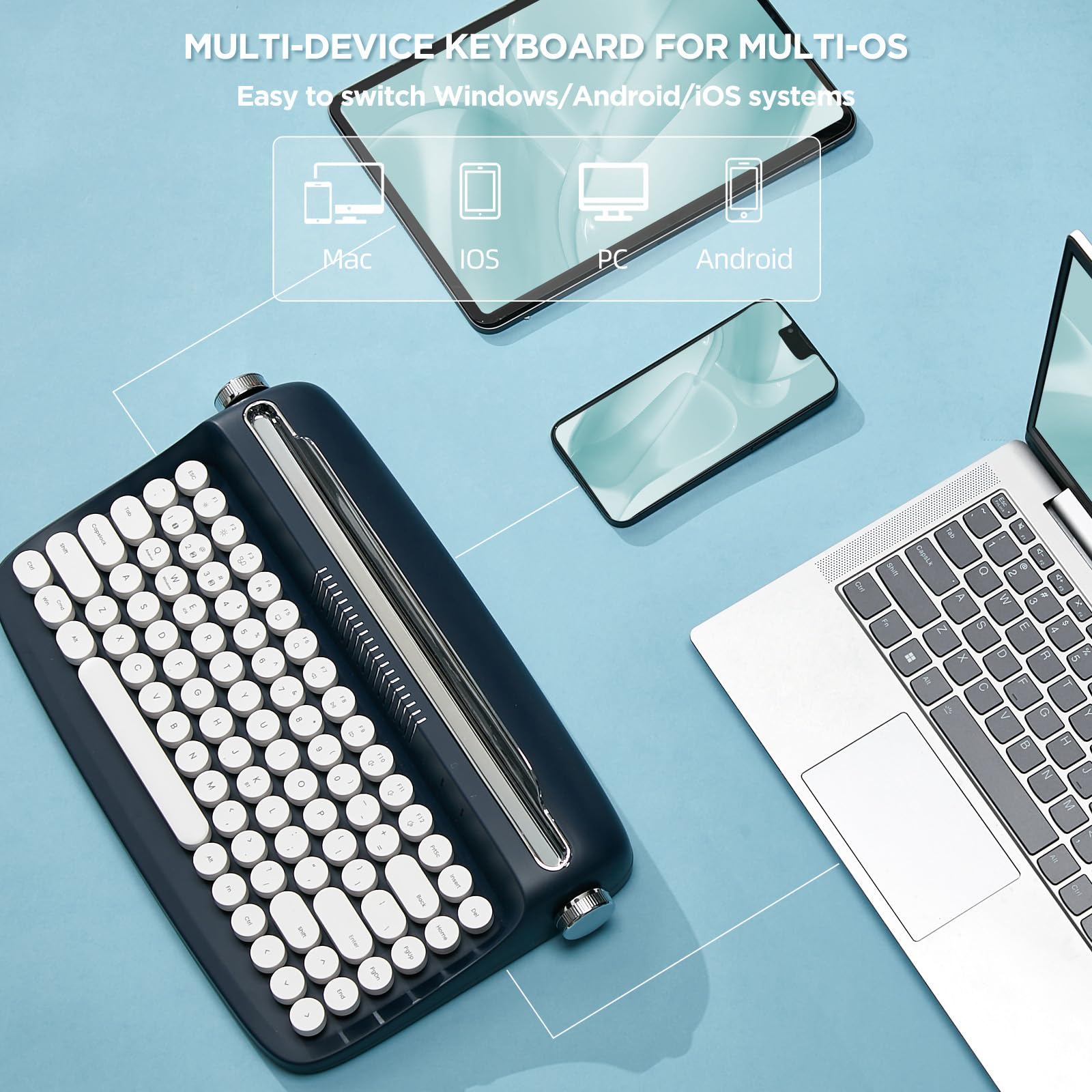 Yunzii Actto B303 Wireless Typewriter Keyboard, Bluetooth Connection, Cute Retro Aesthetic Design With Integrated Stand For Tabl