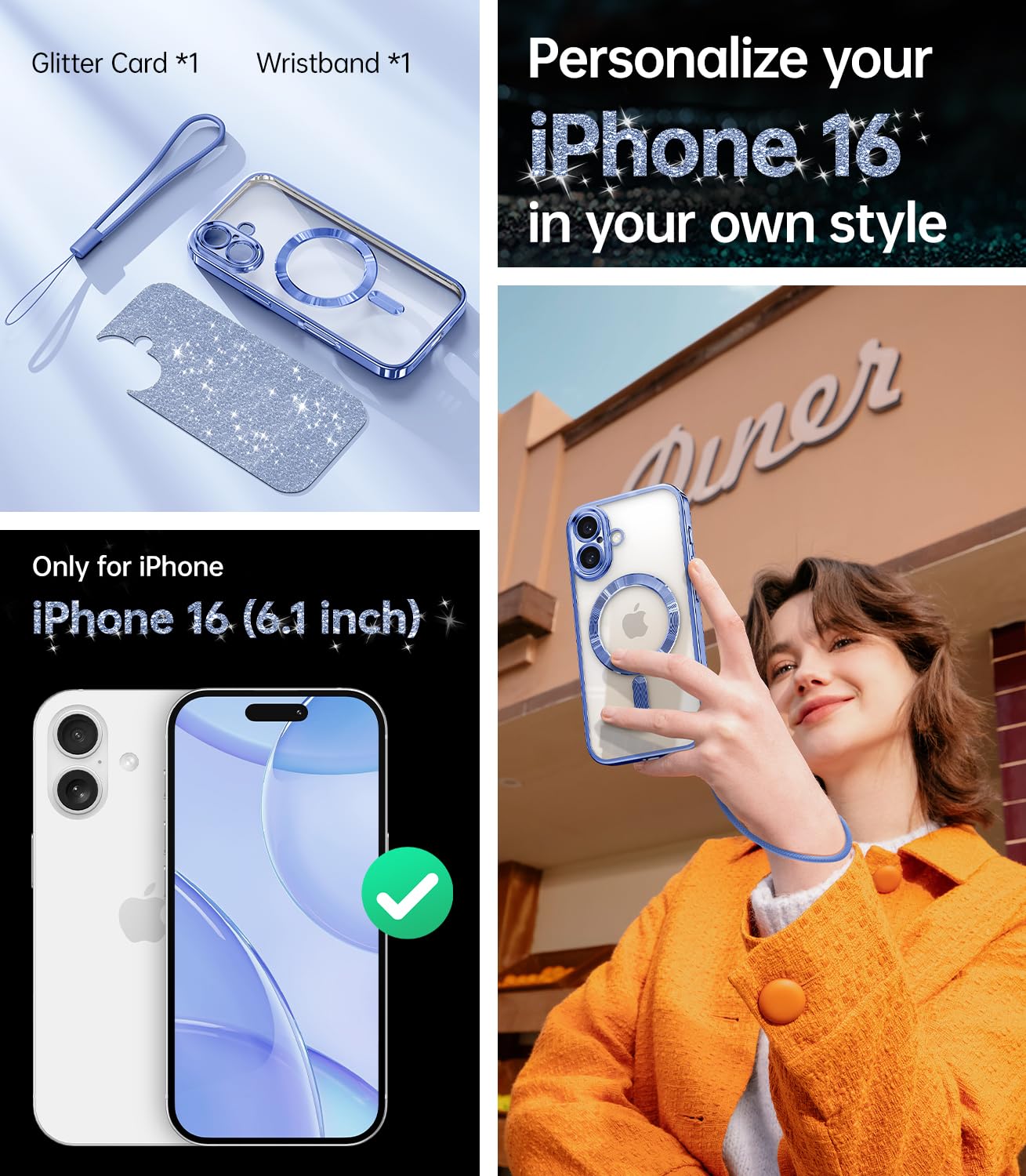 Meifigno Designed For Iphone 16 Case 6.1'', [Glitter Card & Wrist Strap] [Compatible With Magsafe] Full Lens Protection Designed