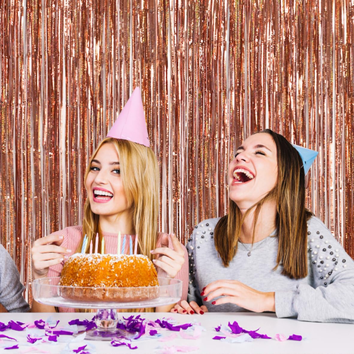 Toniful 3Pcs Laser Rose Gold Door Streamers,Laser Rose Gold Photo Booth Backdrop Metallic Streamers Foil Fringe Curtains For Bir