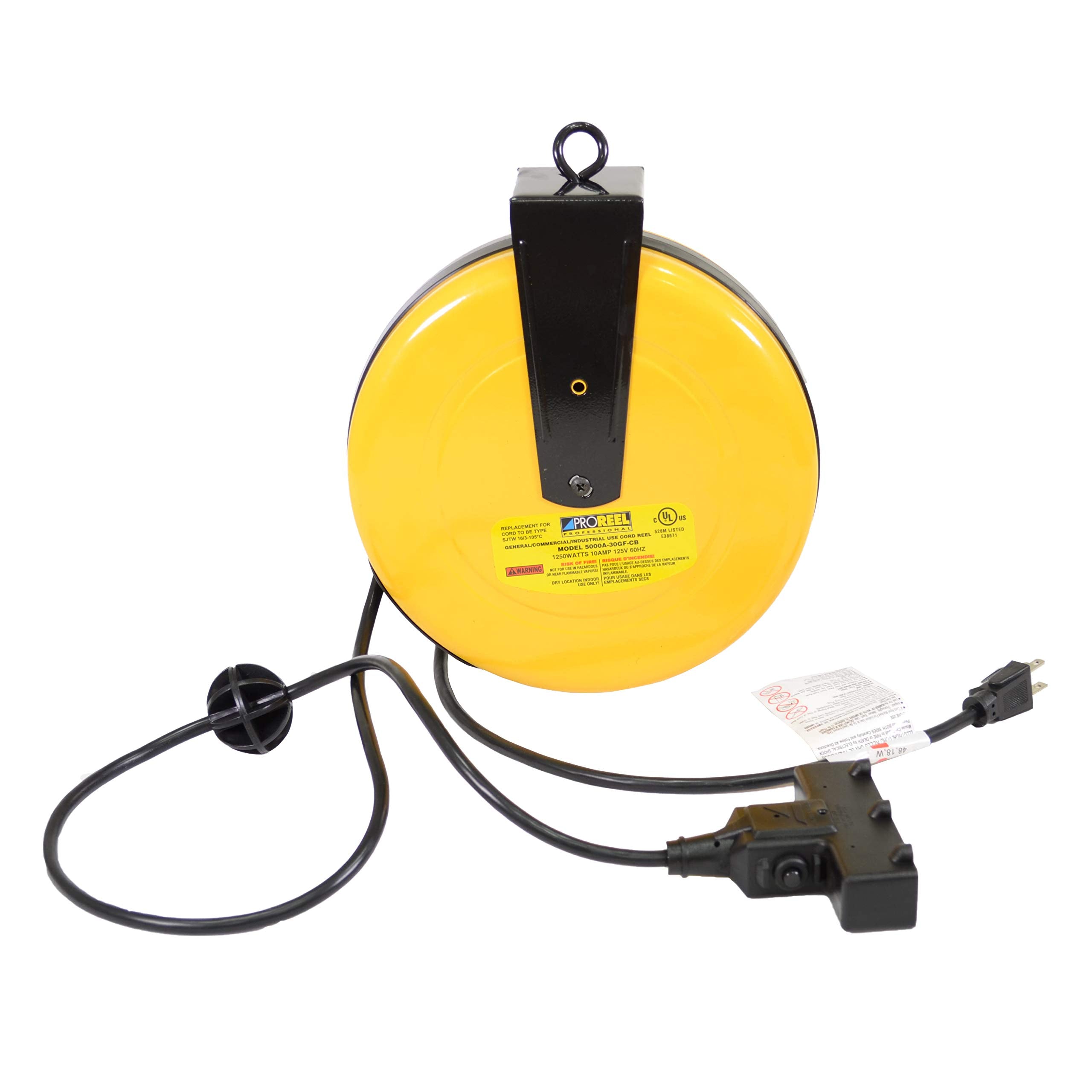 Alert ProReel 5000A-30GF-CB Heavy-Duty Retractable Extension Cord Reel | 30 - 16/3 SJTW Retracting Cord | Tri-Tap Grounded Outl