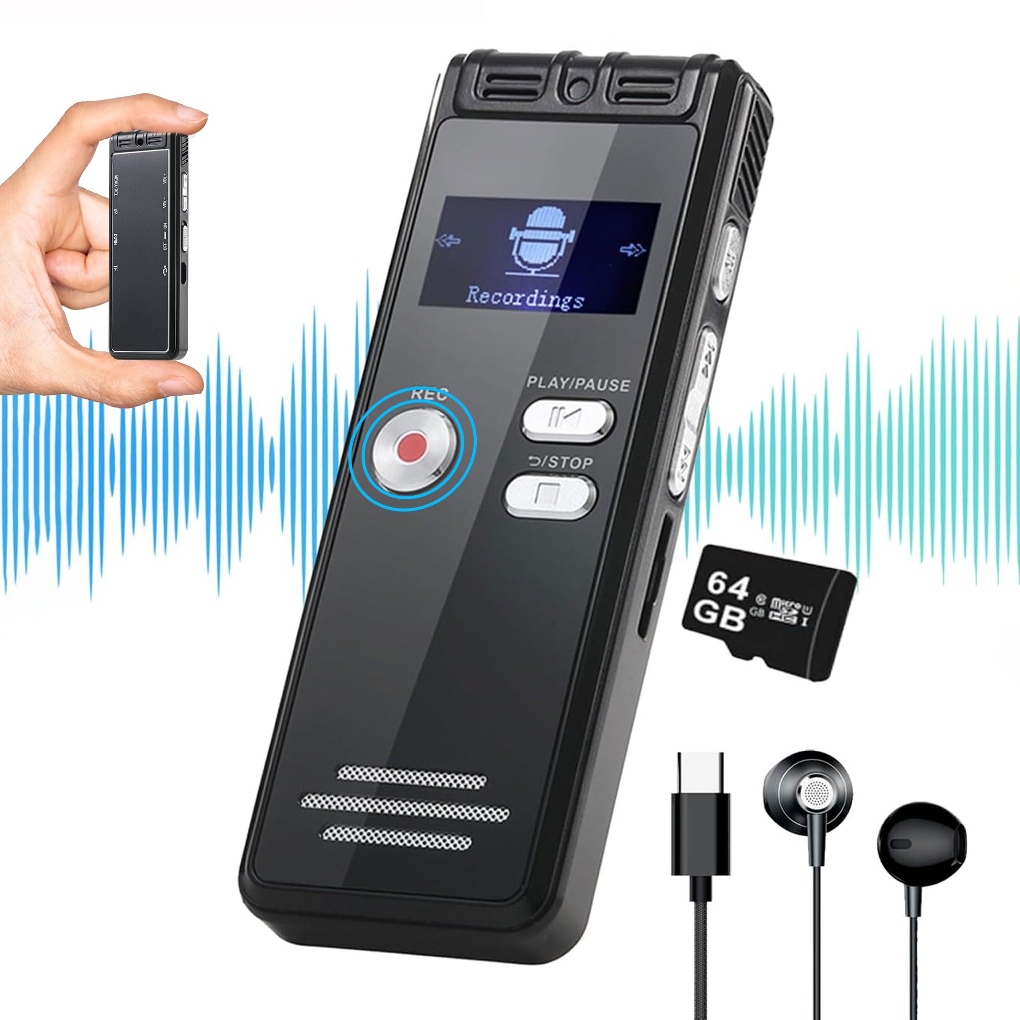 64Gb Digital Voice Activated Recorder With Playback   4552 Hours Audio Recording Device, 3072Kbps Hd Dual Mic Tape Recorder Devi