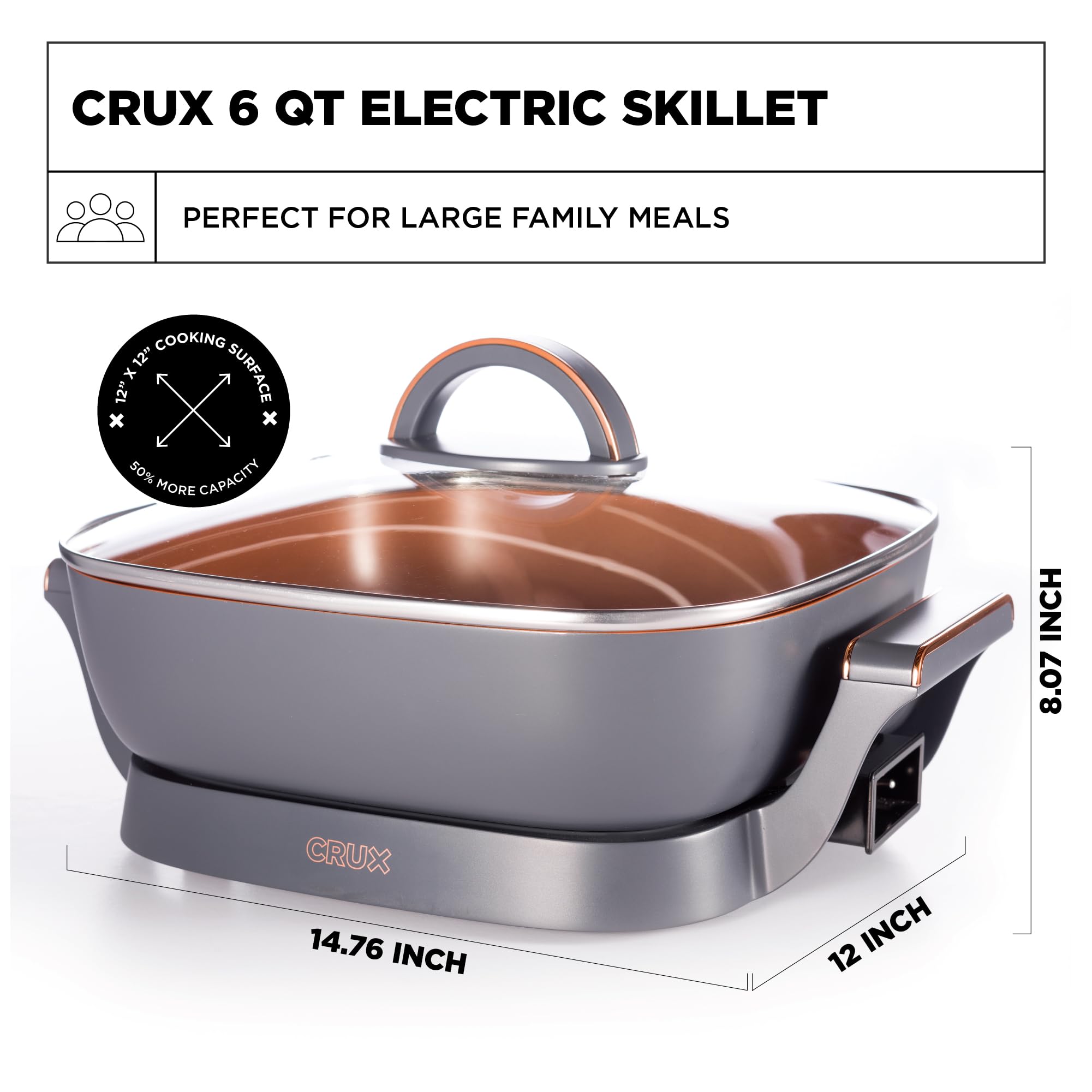 Crux Electric Skillet With Glass Lid   Nonstick Scratch Resistant Ceramic Pan, Extra Deep With Removable Temperature Probe, 12' X 12', 1400 Watts, Pfoa & Ptfe Free