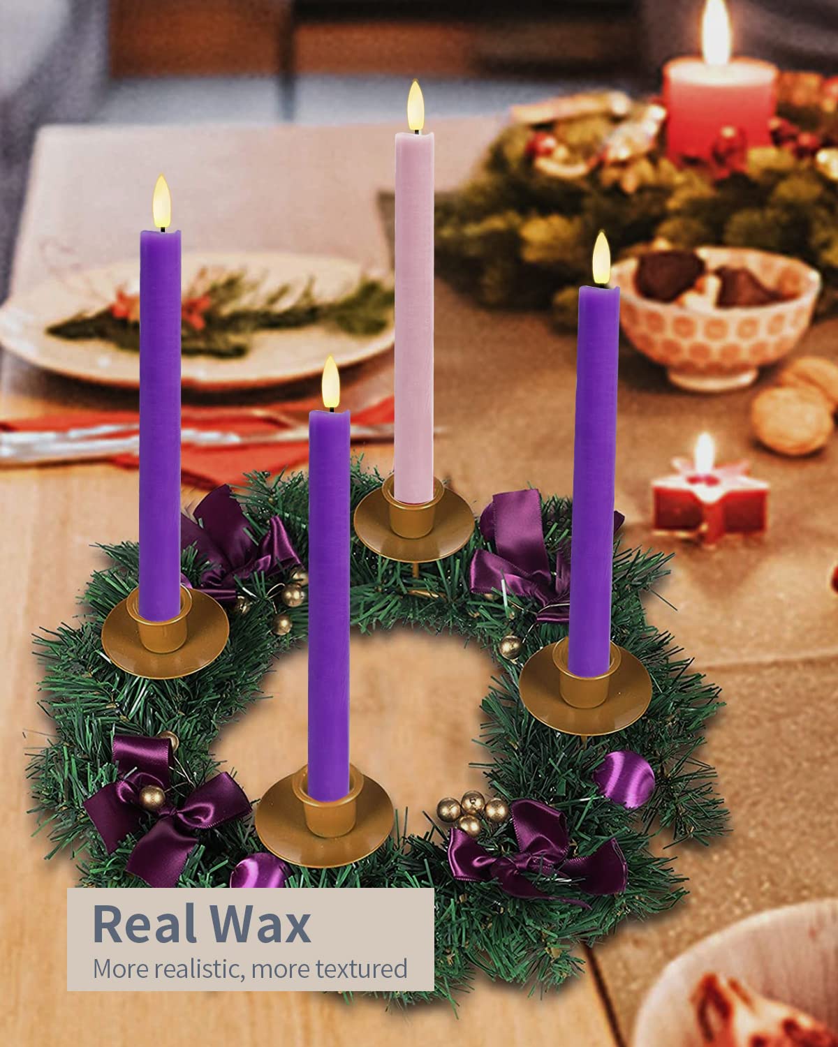 Shymery Flameless Advent Candles,Real Wax Battery Operated Electric Led Taper Candles With Remote Timer, Set Of 4 Purple & Pink