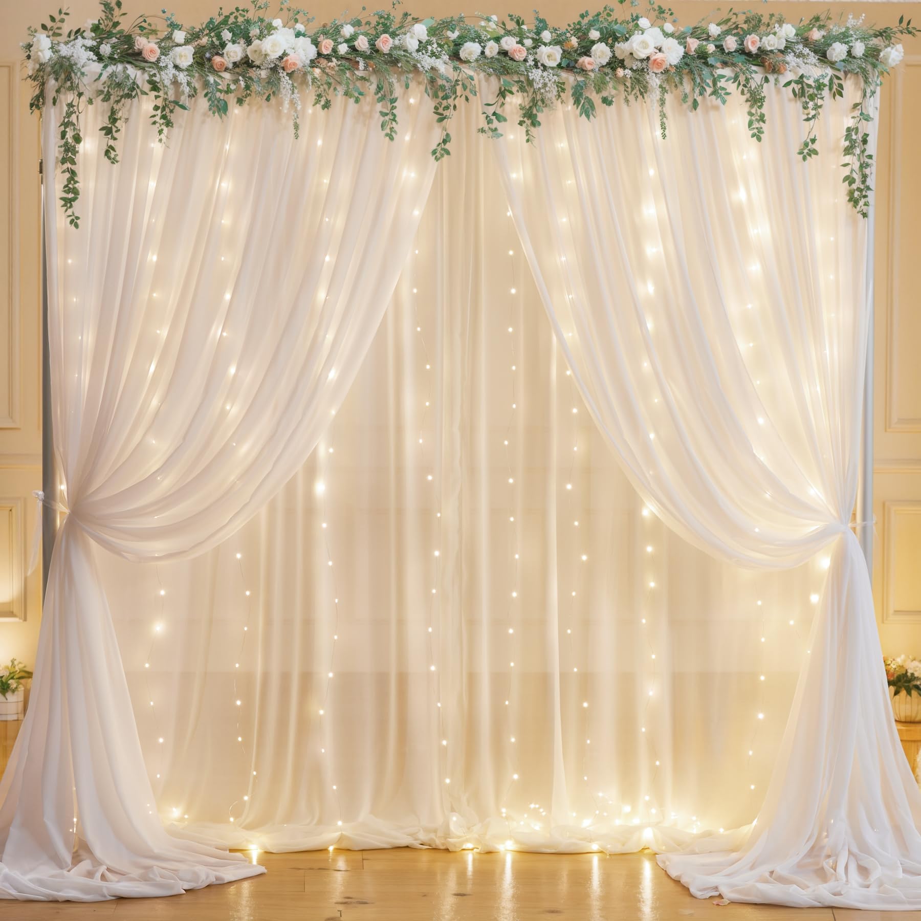 10Ft X 7Ft White Chiffon Backdrop Curtain With Lights String For Parites Wedding Wrinkle Free Curtain Photo Backdrops Drapes For