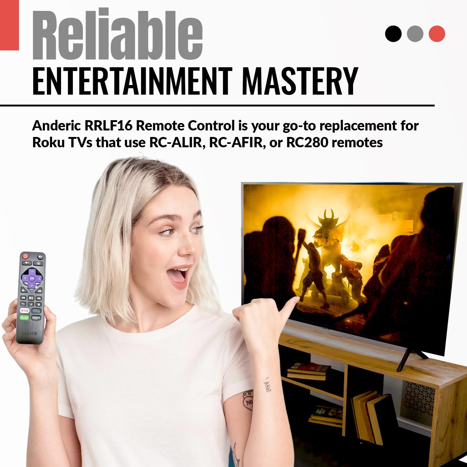 Anderic RRLF16 Remote Control for most Roku TVs such as ONN, Hisense, Philips, TCL, Hiro [RRLF16]