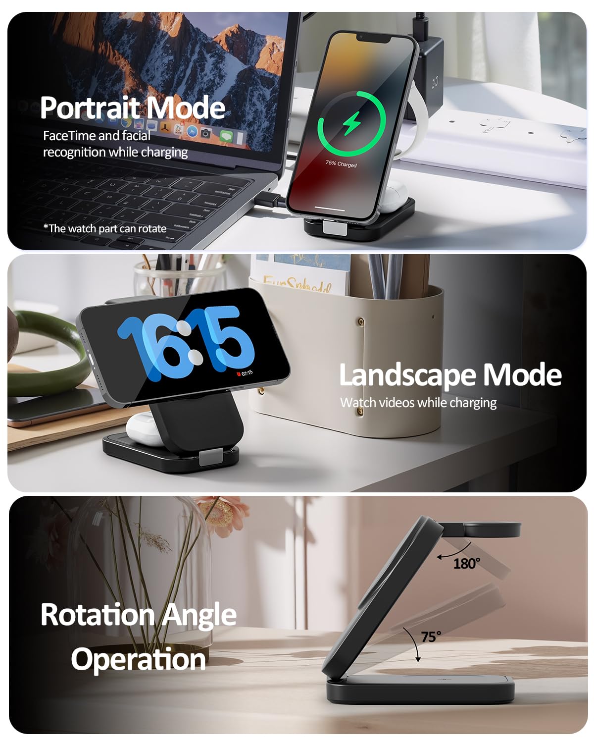 Wireless Cell Phone Charger Station 3 In 1, Magnetic Wireless Fast Charger Dock Stand For Iphone, Apple Watch, Airpods Pro, 15W