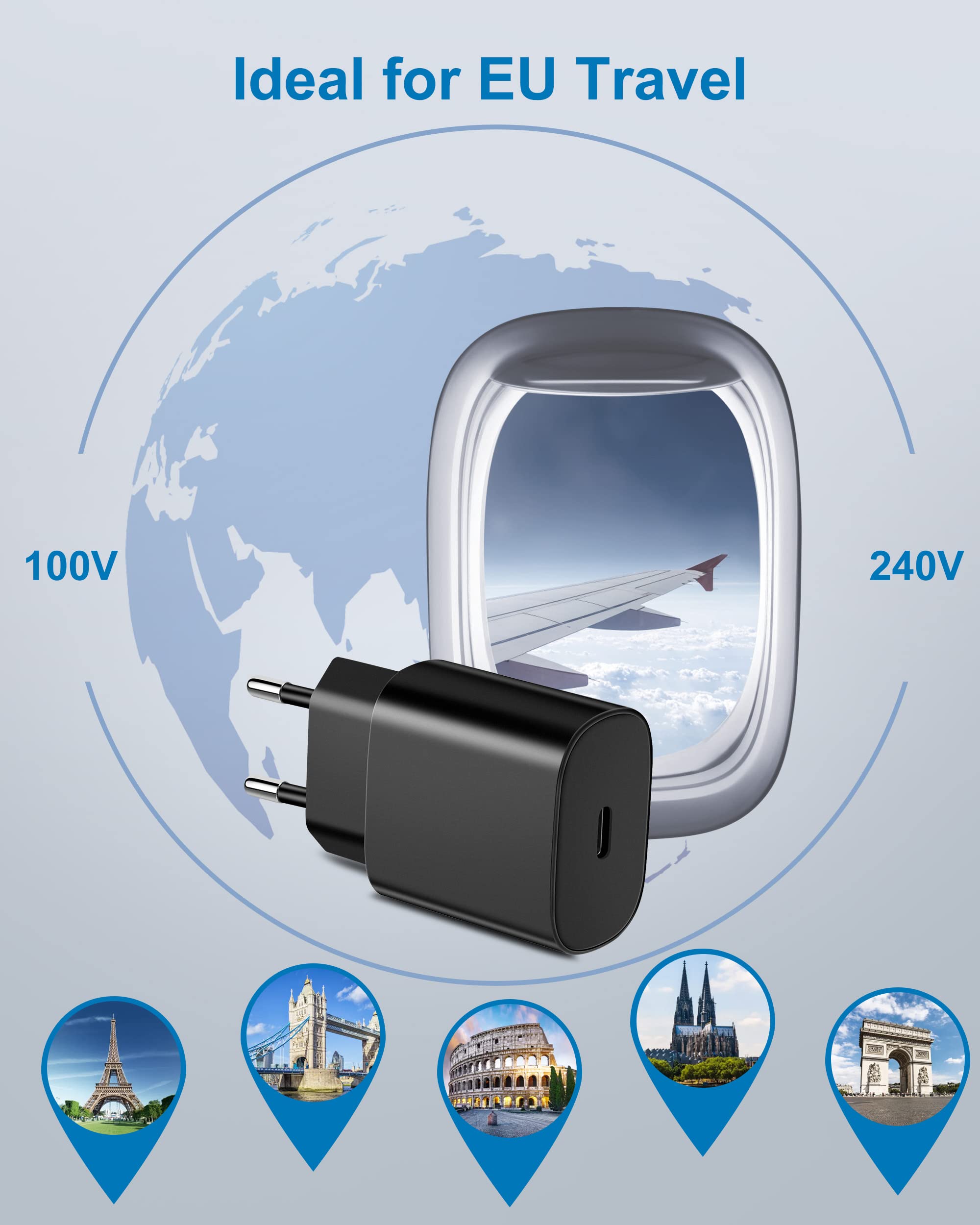 European Travel Plug Adapter, 2Pack 25W Type C Super Fast Charger Block Usb C International Power Adapter Us To Europe Eu For Ip