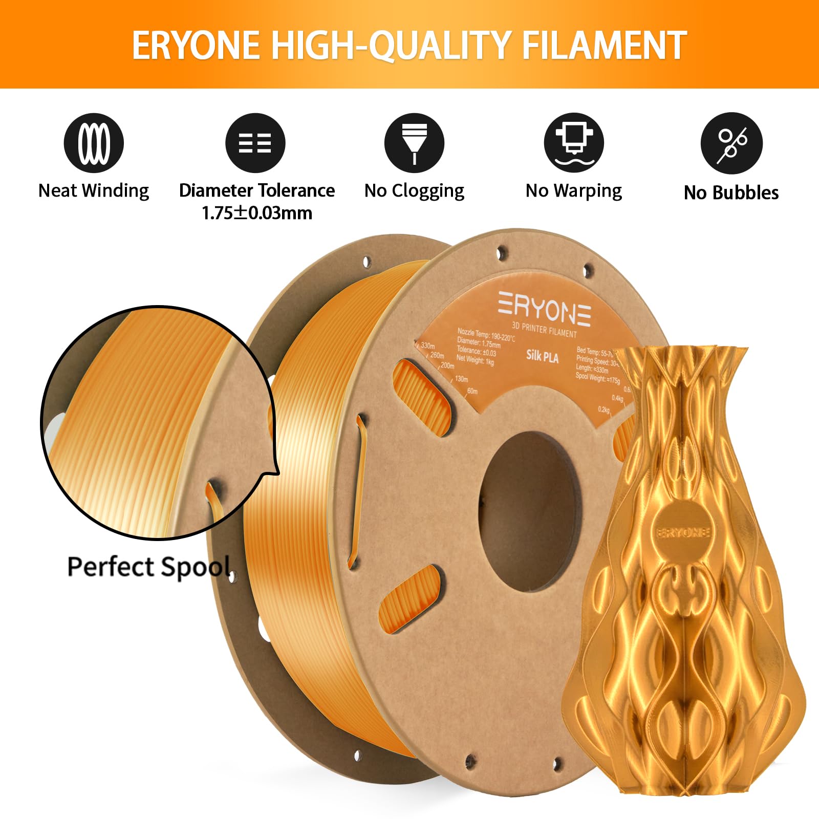 Eryone Silk Pla Filament For 3D Printer, 1.75Mm,  0.03Mm, 1Kg (2.1Lbs)/Spool, Silk Glod