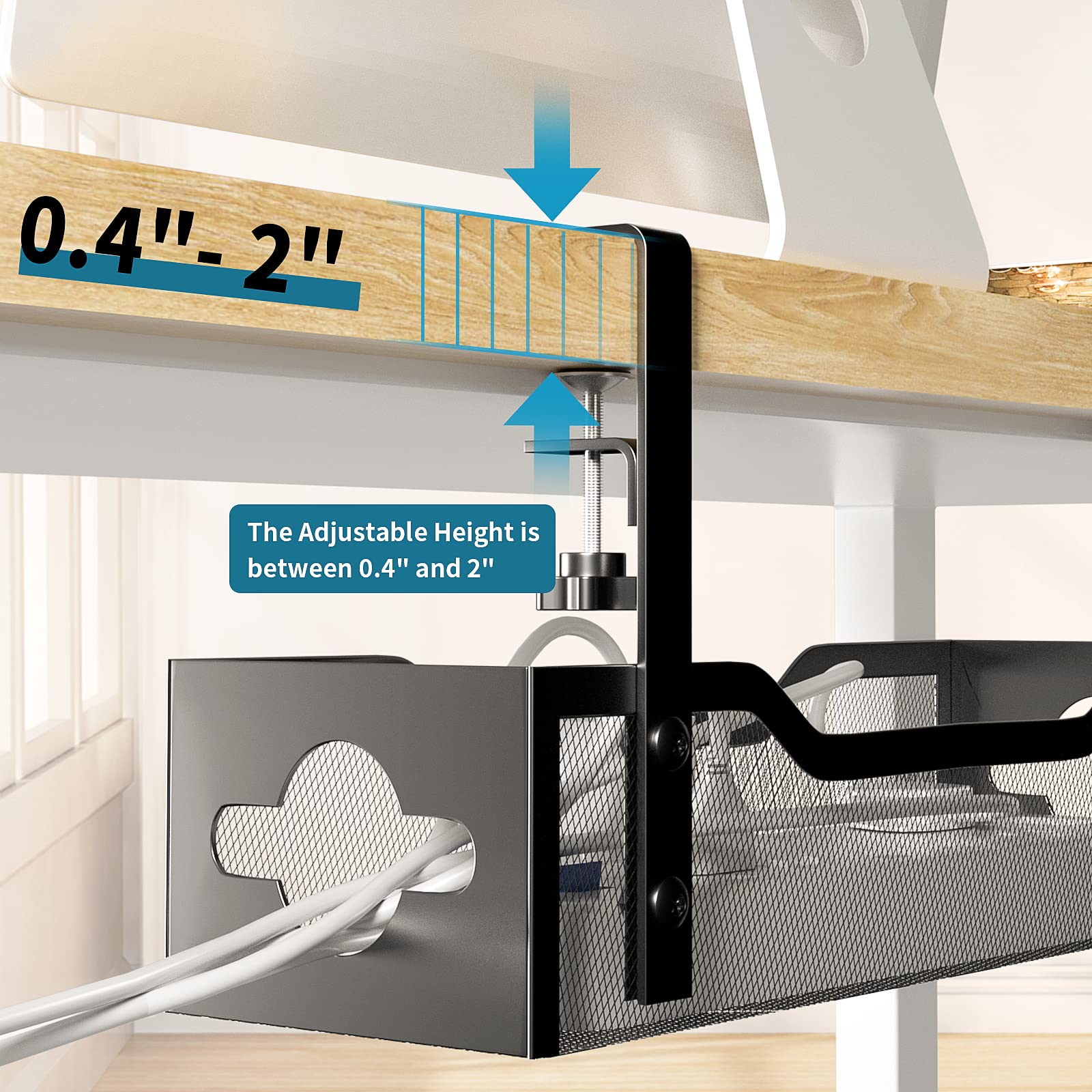 Under Desk Cable Management Tray No Drill, Metal Mesh Cable Management Under Desk With Clamp Mount, 2 Hole Cable Tray With Desk